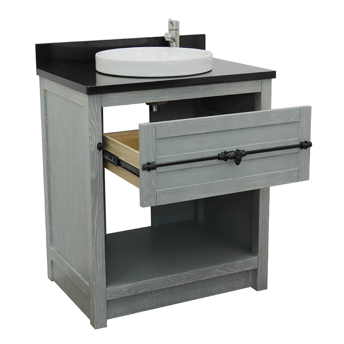 31" Single vanity in Gray Ash finish with Black Galaxy top and round sink