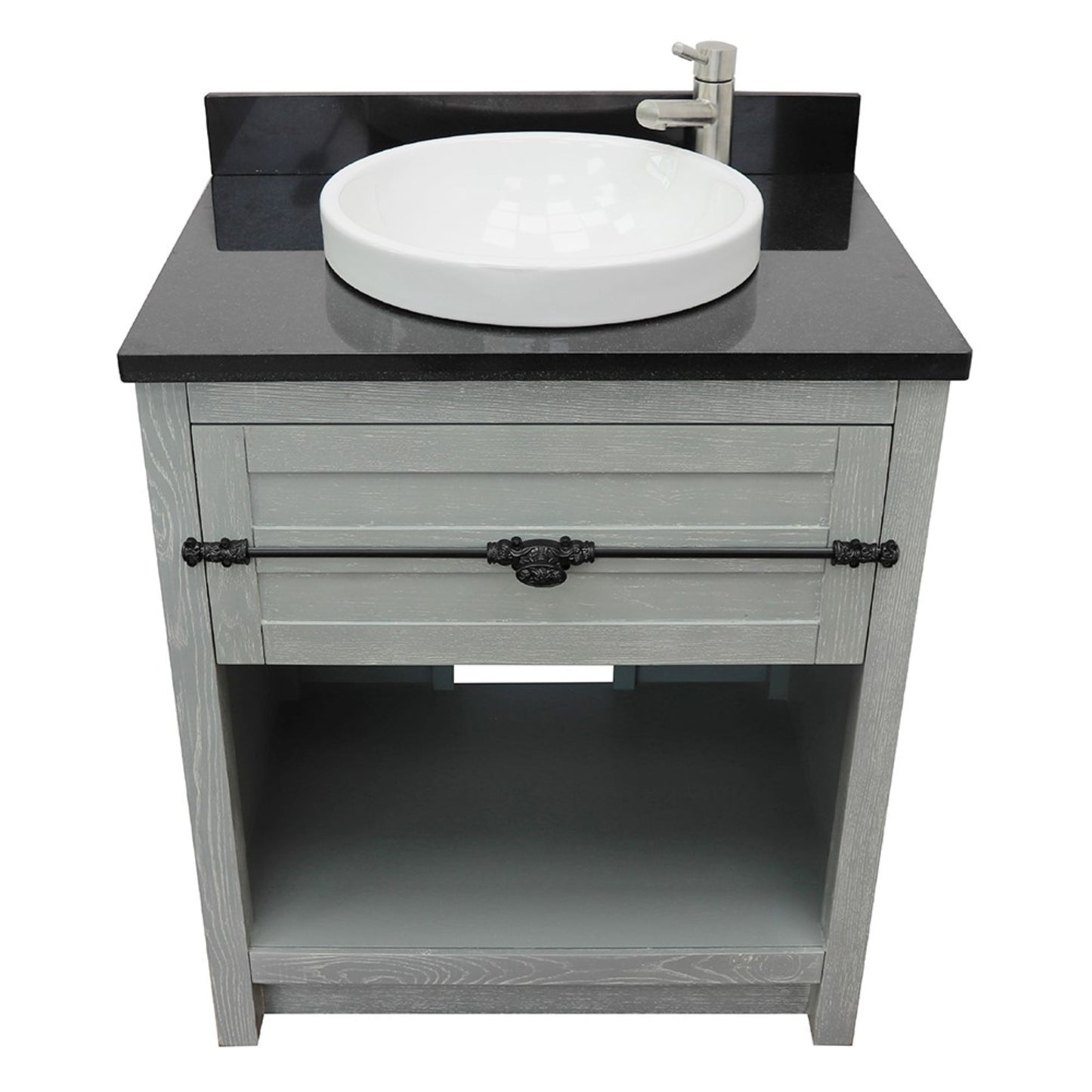 31" Single vanity in Gray Ash finish with Black Galaxy top and round sink