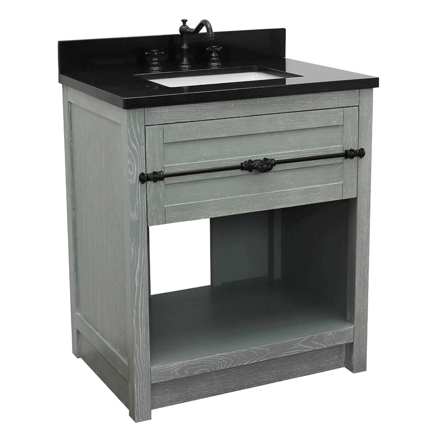 31" Single vanity in Gray Ash finish with Black Galaxy top and rectangle sink