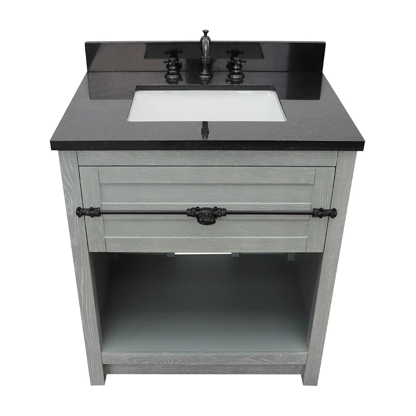 31" Single vanity in Gray Ash finish with Black Galaxy top and rectangle sink