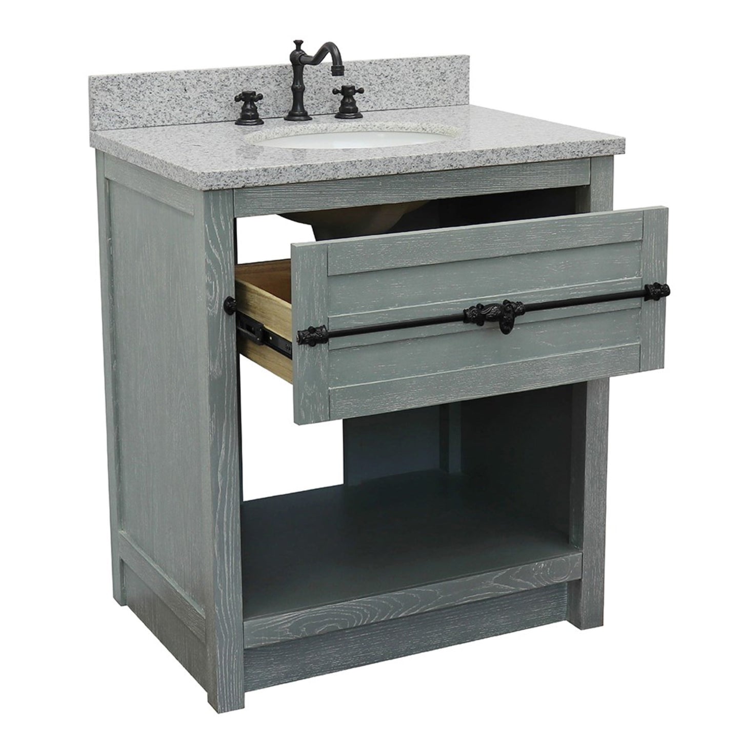 31" Single vanity in Gray Ash finish with Gray granite top and oval sink