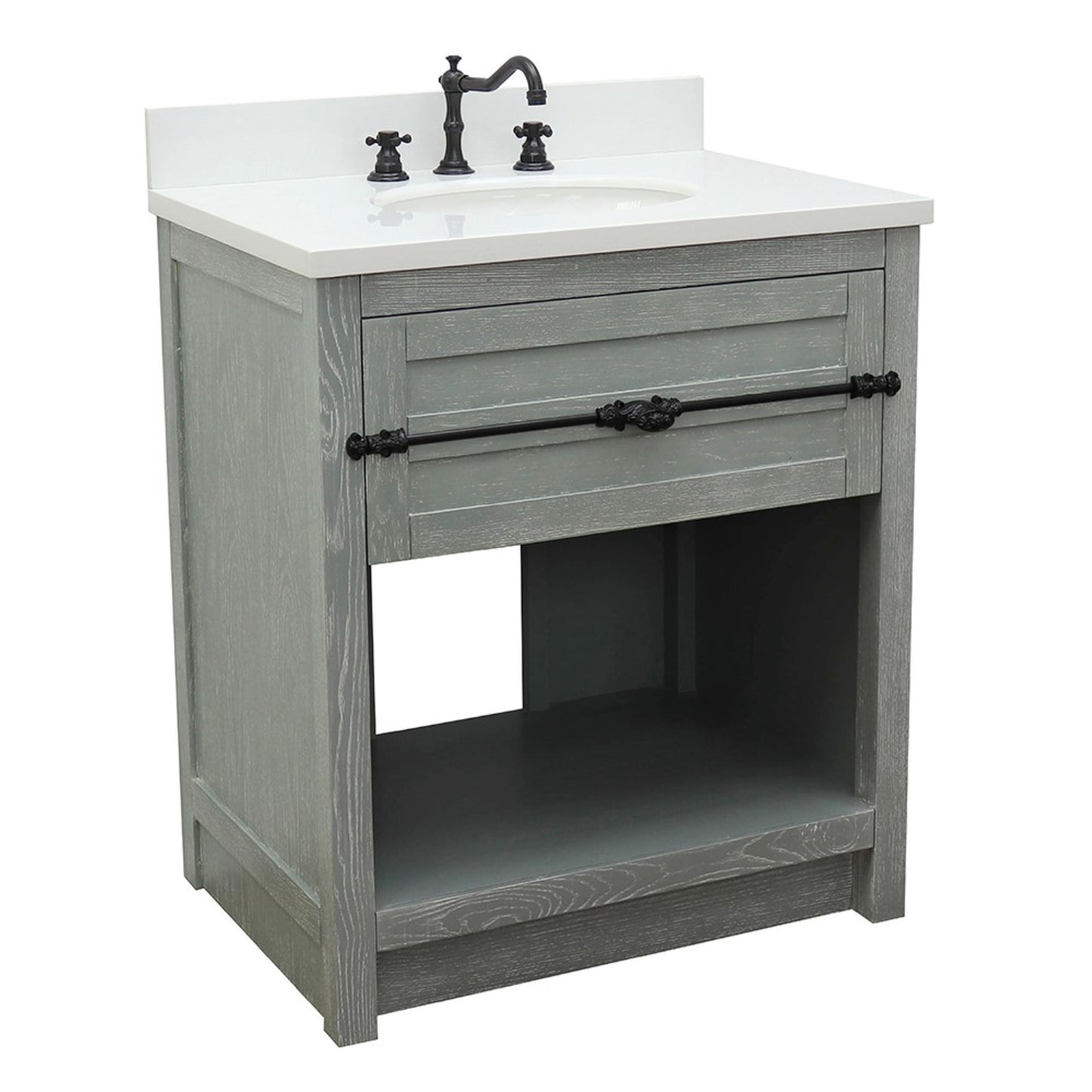 31" Single vanity in Gray Ash finish with White engineered stone top and oval sink