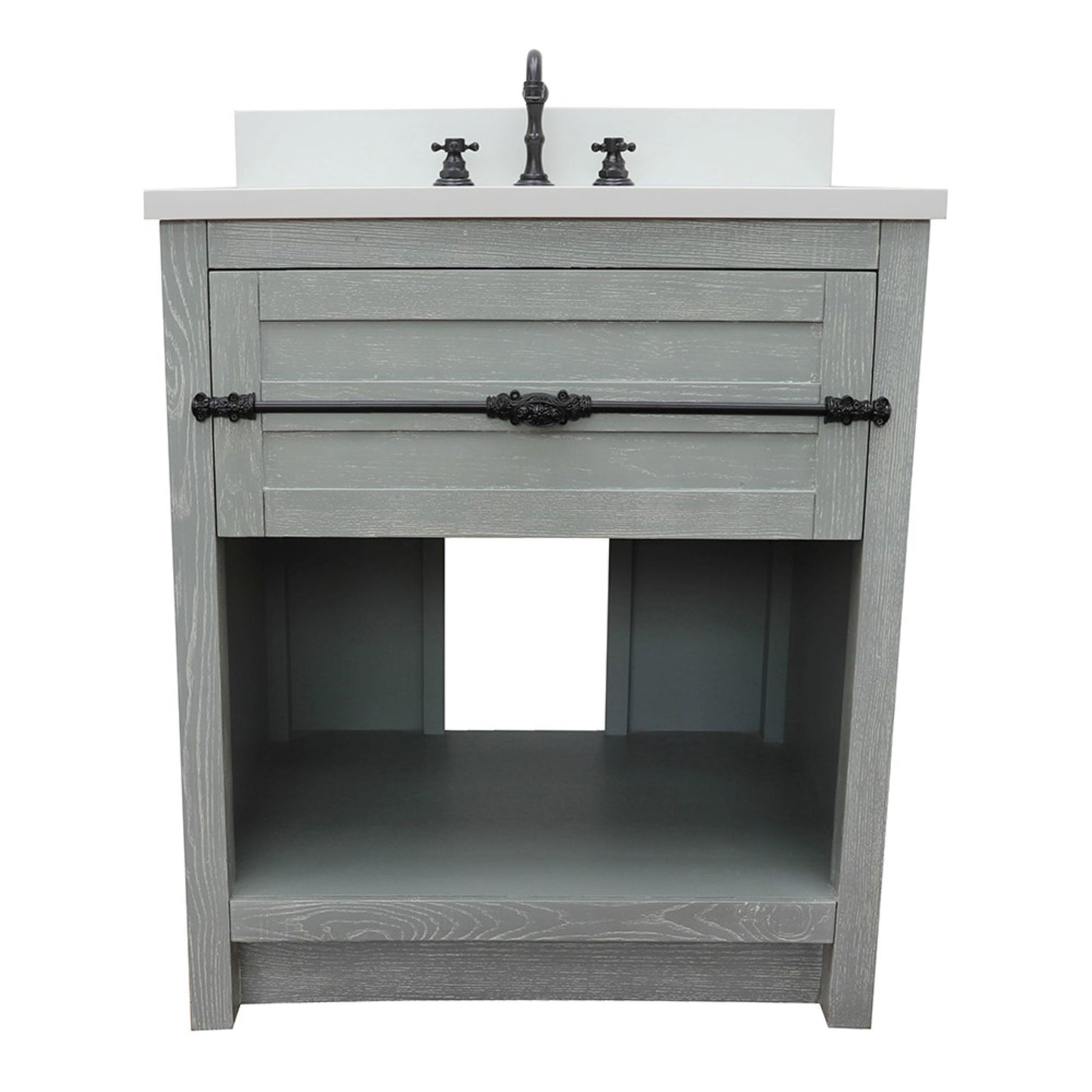 31" Single vanity in Gray Ash finish with White engineered stone top and oval sink