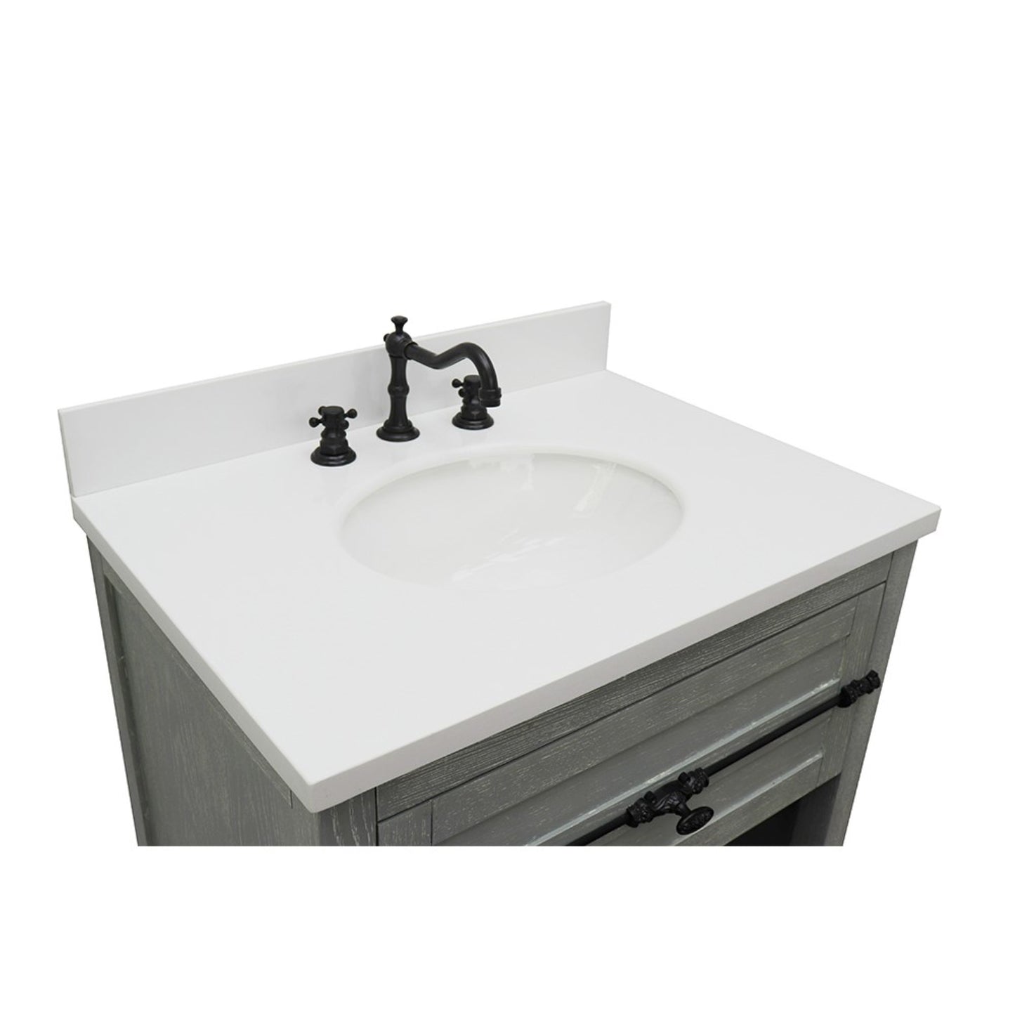 31" Single vanity in Gray Ash finish with White engineered stone top and oval sink