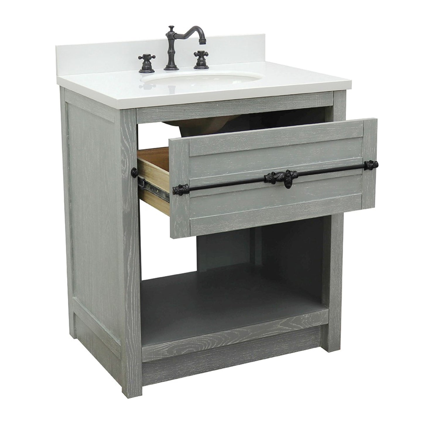 31" Single vanity in Gray Ash finish with White engineered stone top and oval sink