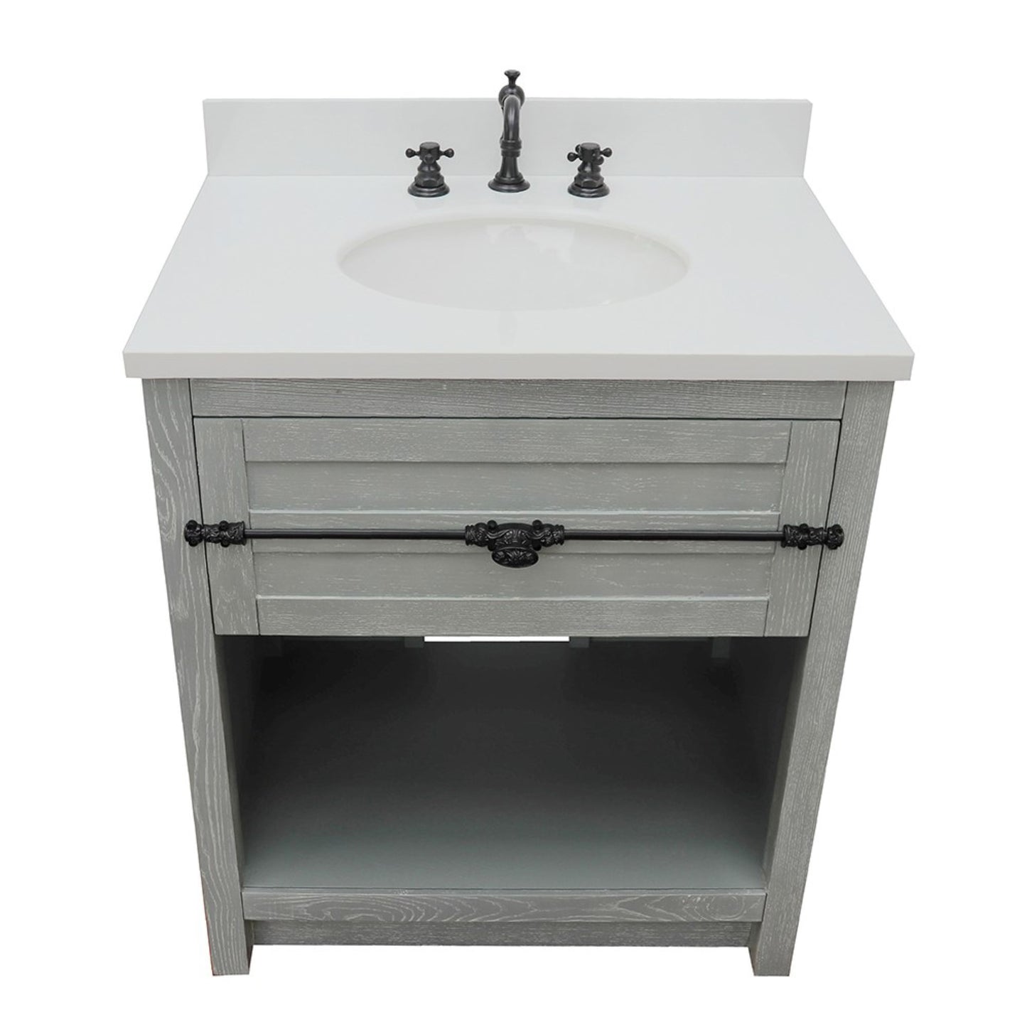31" Single vanity in Gray Ash finish with White engineered stone top and oval sink