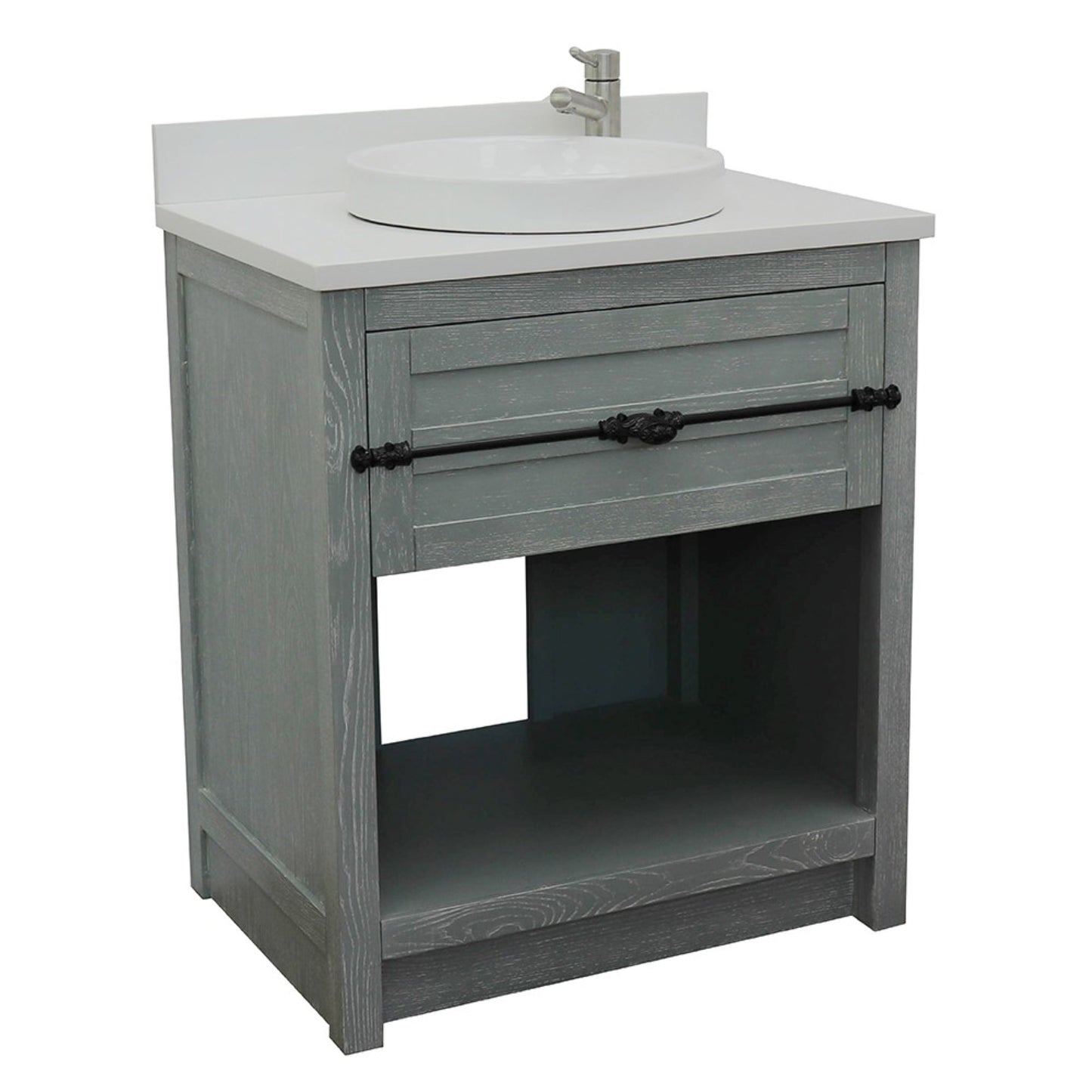 31" Single vanity in Gray Ash finish with White engineered stone top and round sink