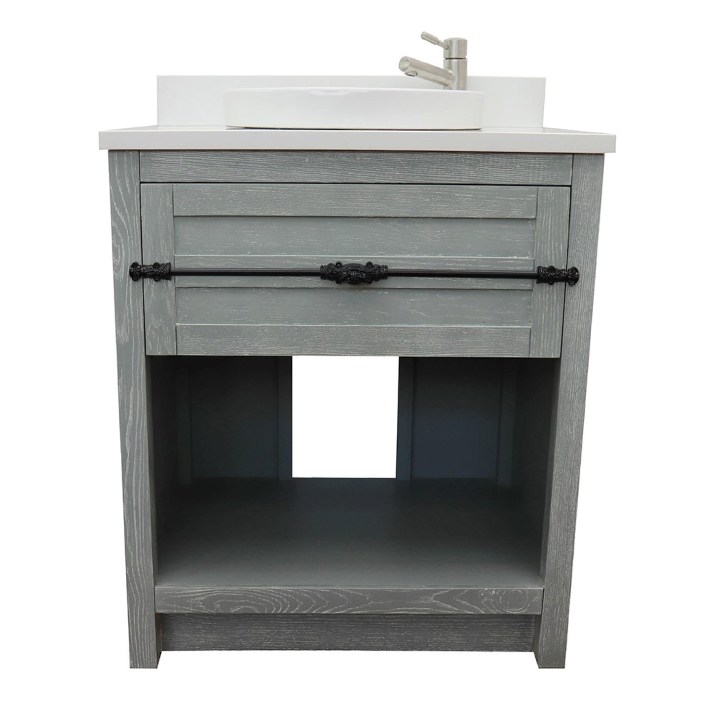 31" Single vanity in Gray Ash finish with White engineered stone top and round sink