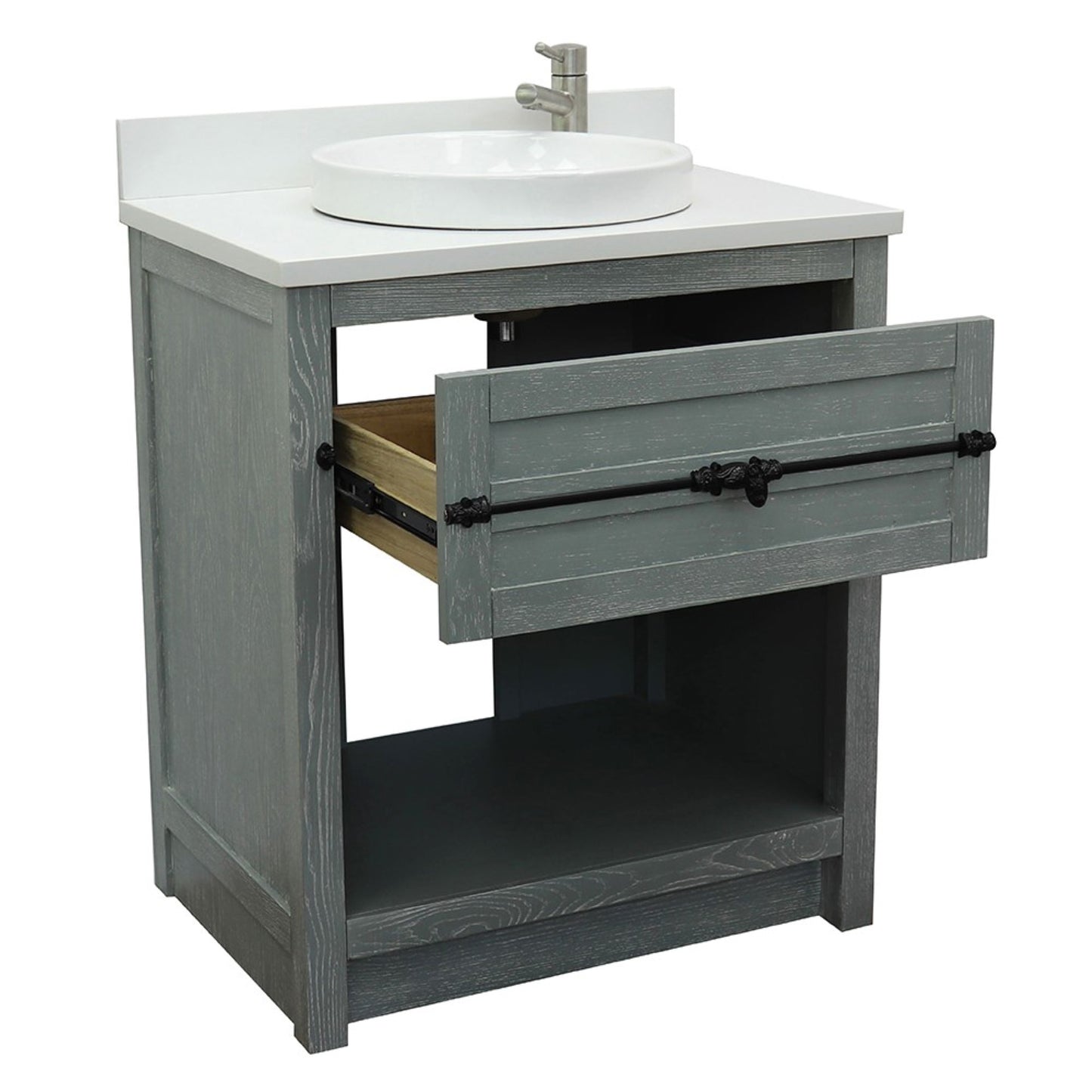31" Single vanity in Gray Ash finish with White engineered stone top and round sink