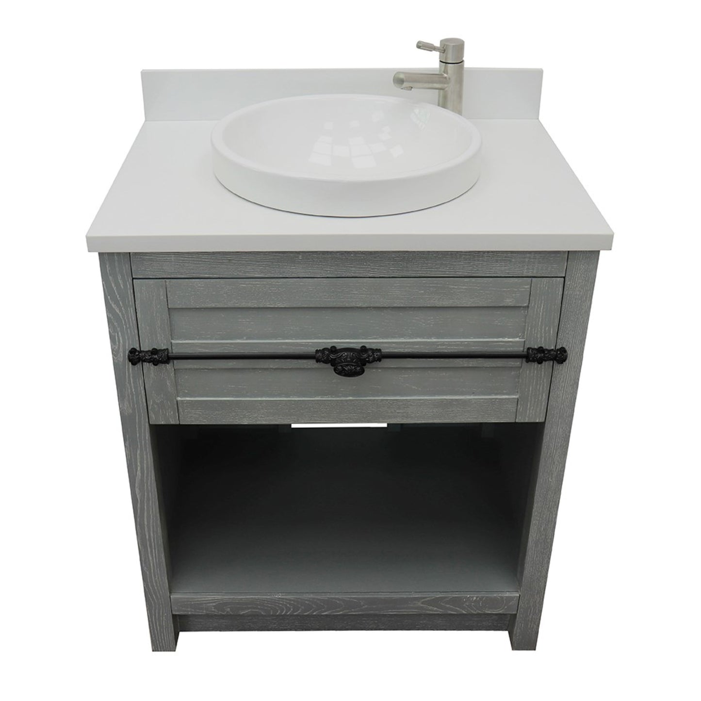 31" Single vanity in Gray Ash finish with White engineered stone top and round sink