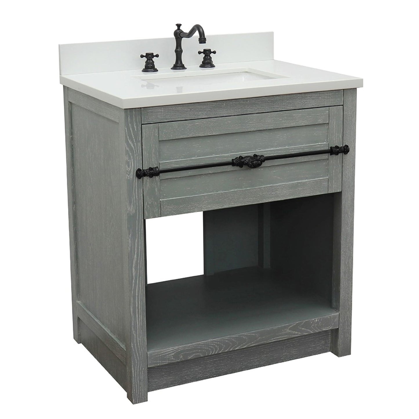 31" Single vanity in Gray Ash finish with White engineered stone top and rectangle sink