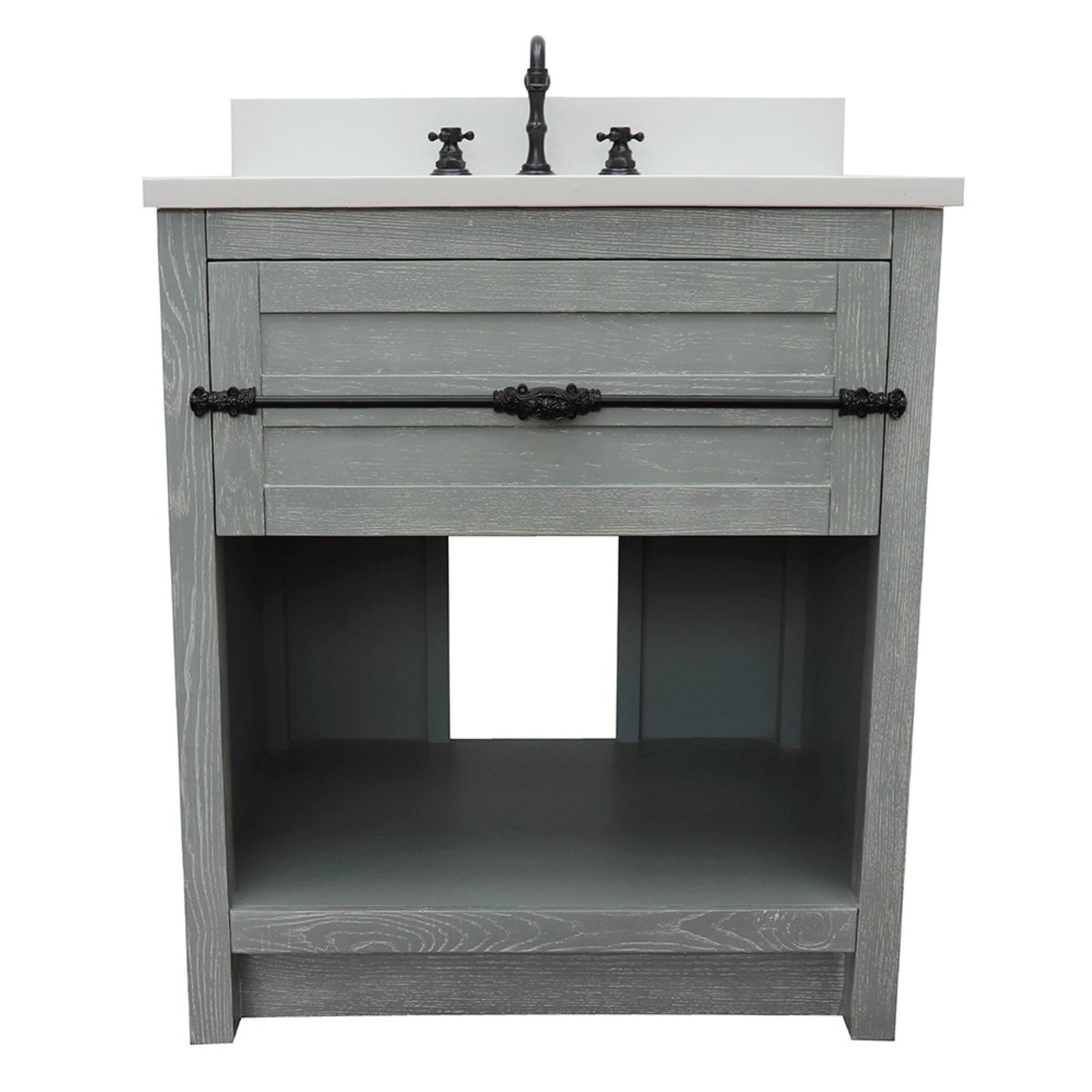 31" Single vanity in Gray Ash finish with White engineered stone top and rectangle sink