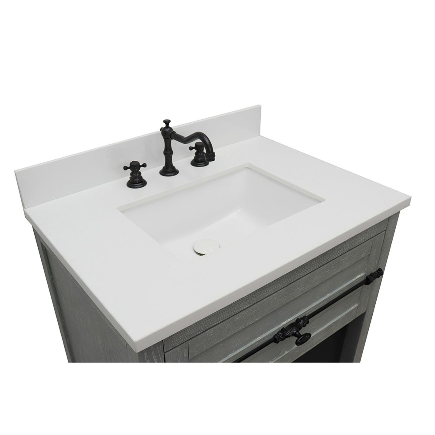 31" Single vanity in Gray Ash finish with White engineered stone top and rectangle sink