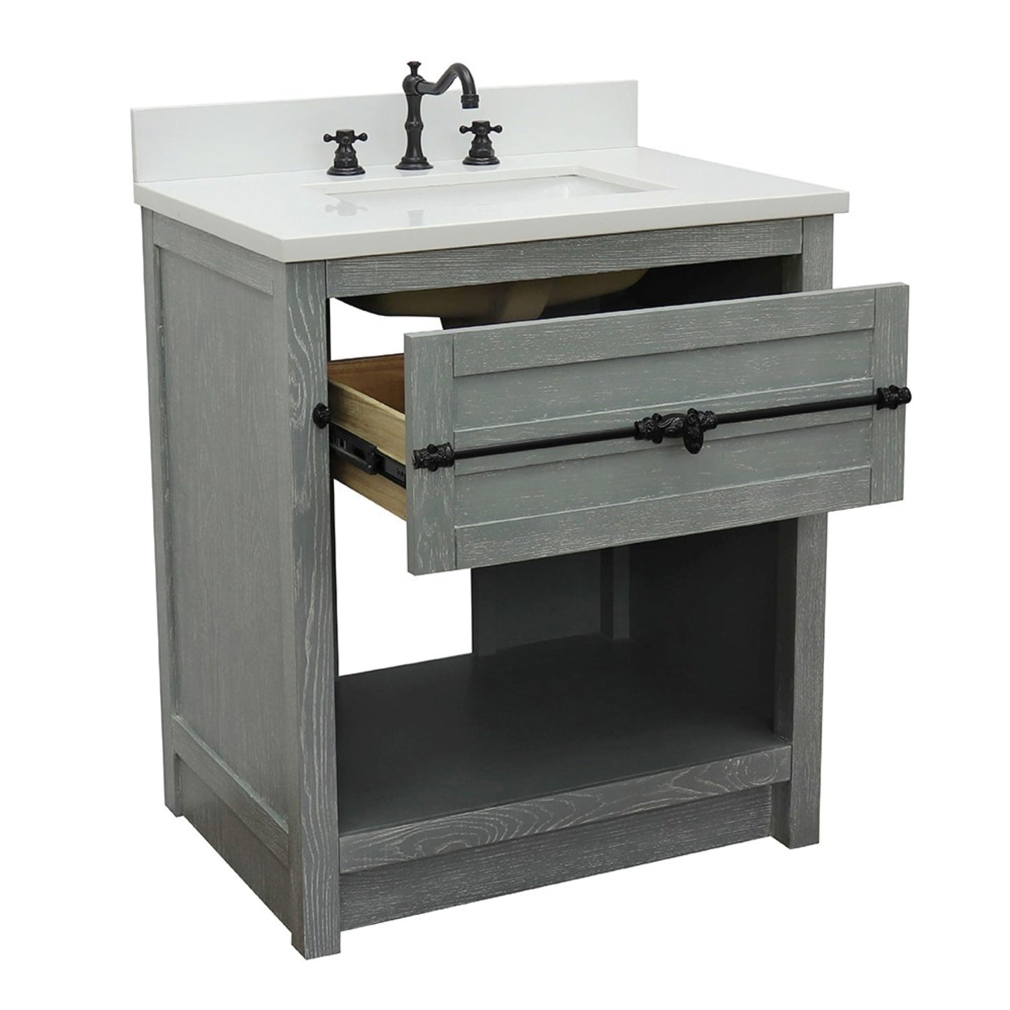 31" Single vanity in Gray Ash finish with White engineered stone top and rectangle sink