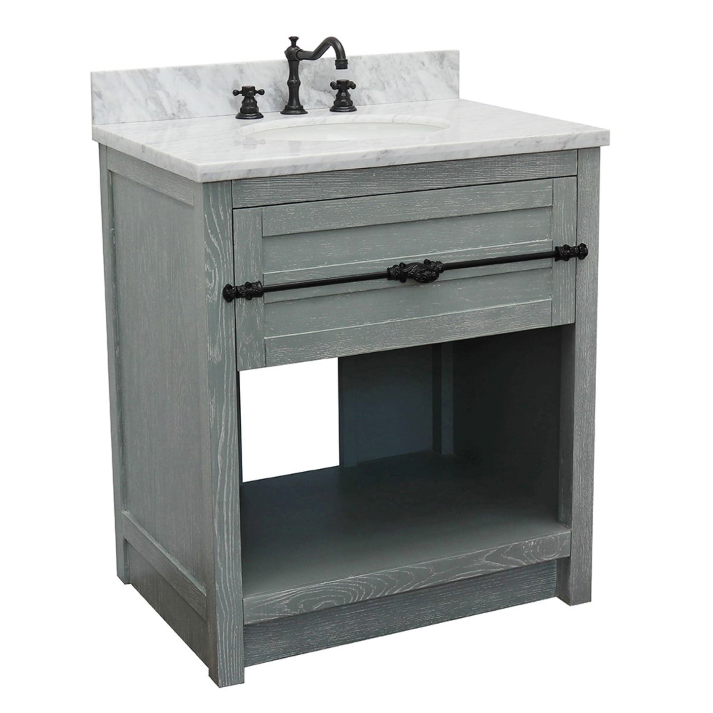31" Single vanity in Gray Ash finish with White Carrara top and oval sink