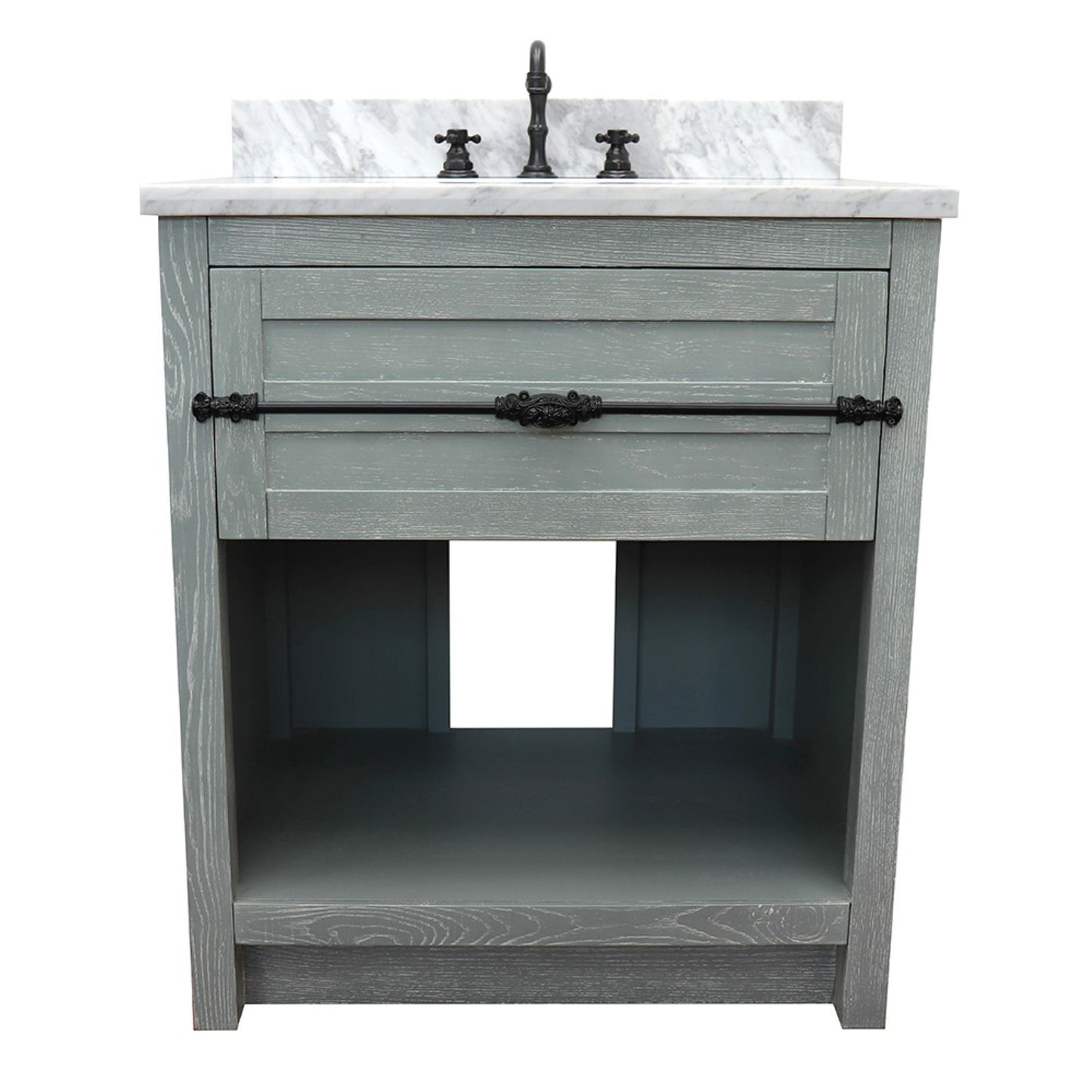 31" Single vanity in Gray Ash finish with White Carrara top and oval sink