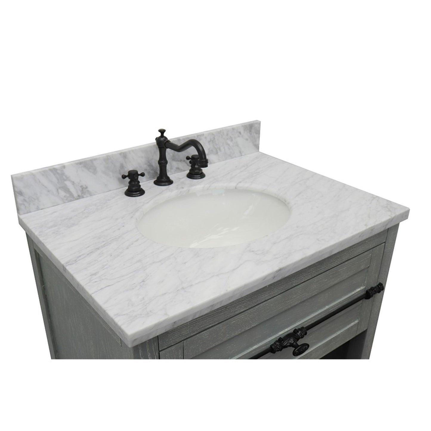31" Single vanity in Gray Ash finish with White Carrara top and oval sink