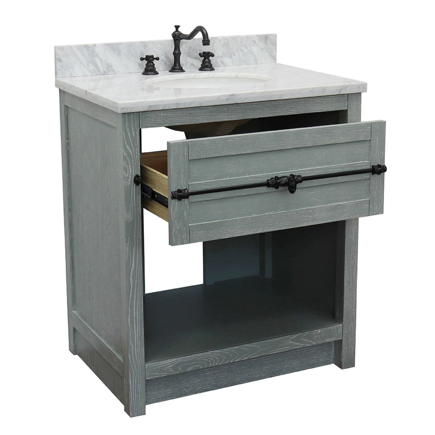 31" Single vanity in Gray Ash finish with White Carrara top and oval sink
