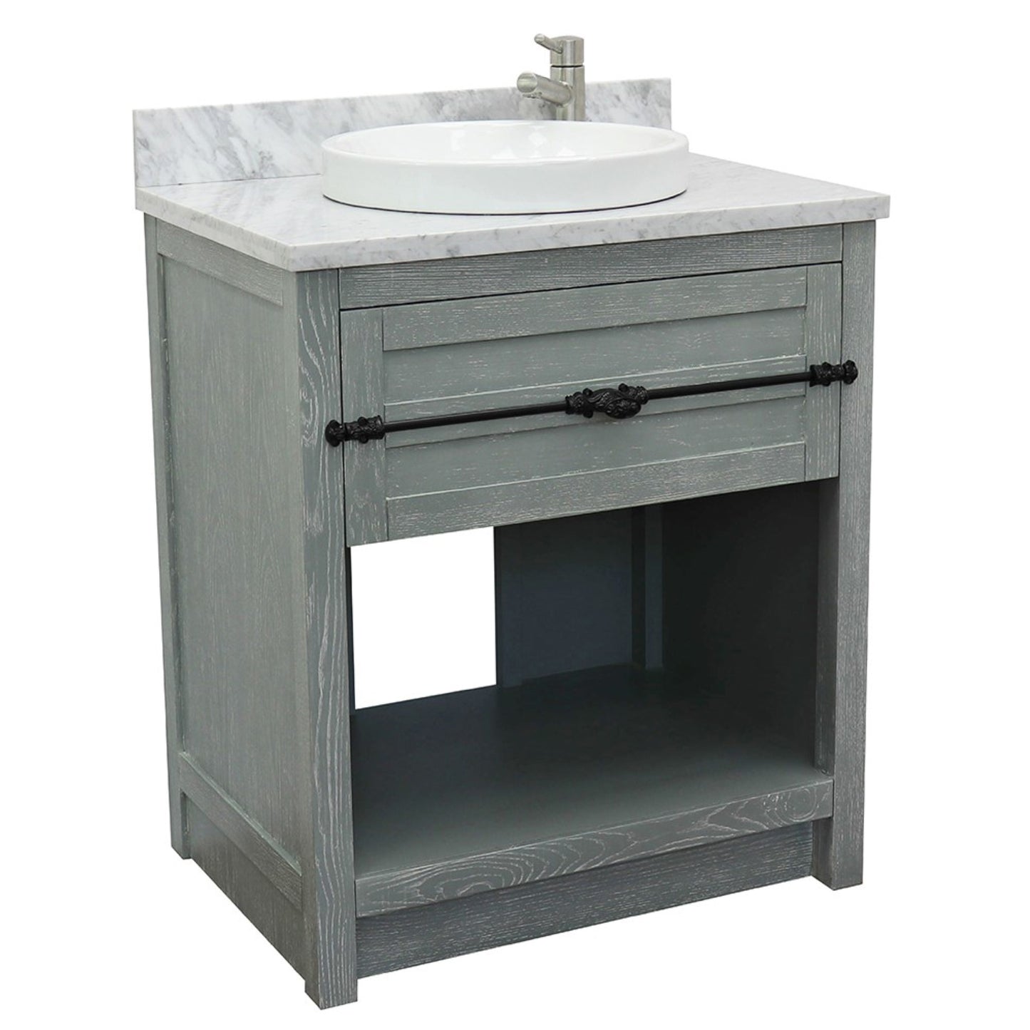 31" Single vanity in Gray Ash finish with White Carrara top and round sink
