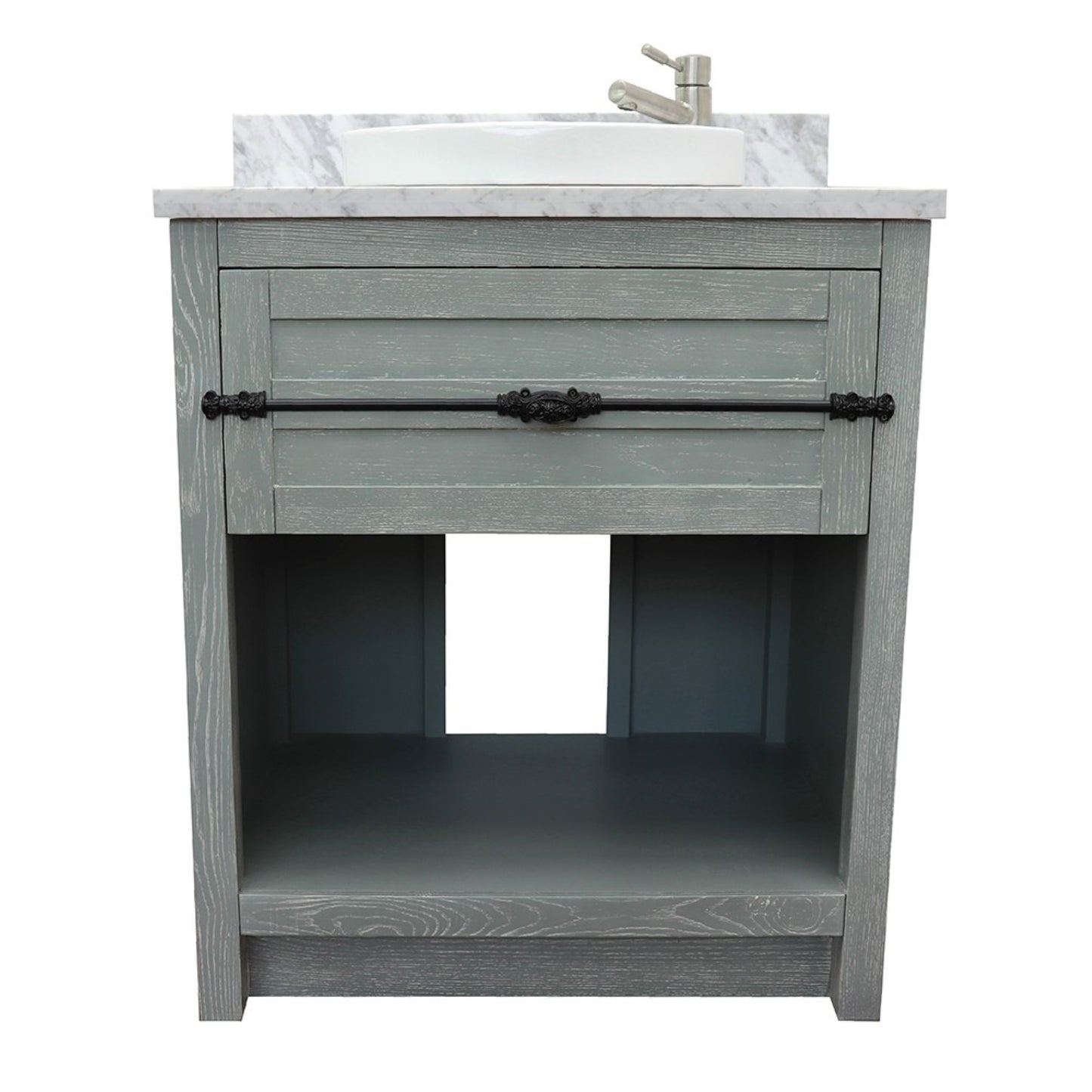 31" Single vanity in Gray Ash finish with White Carrara top and round sink