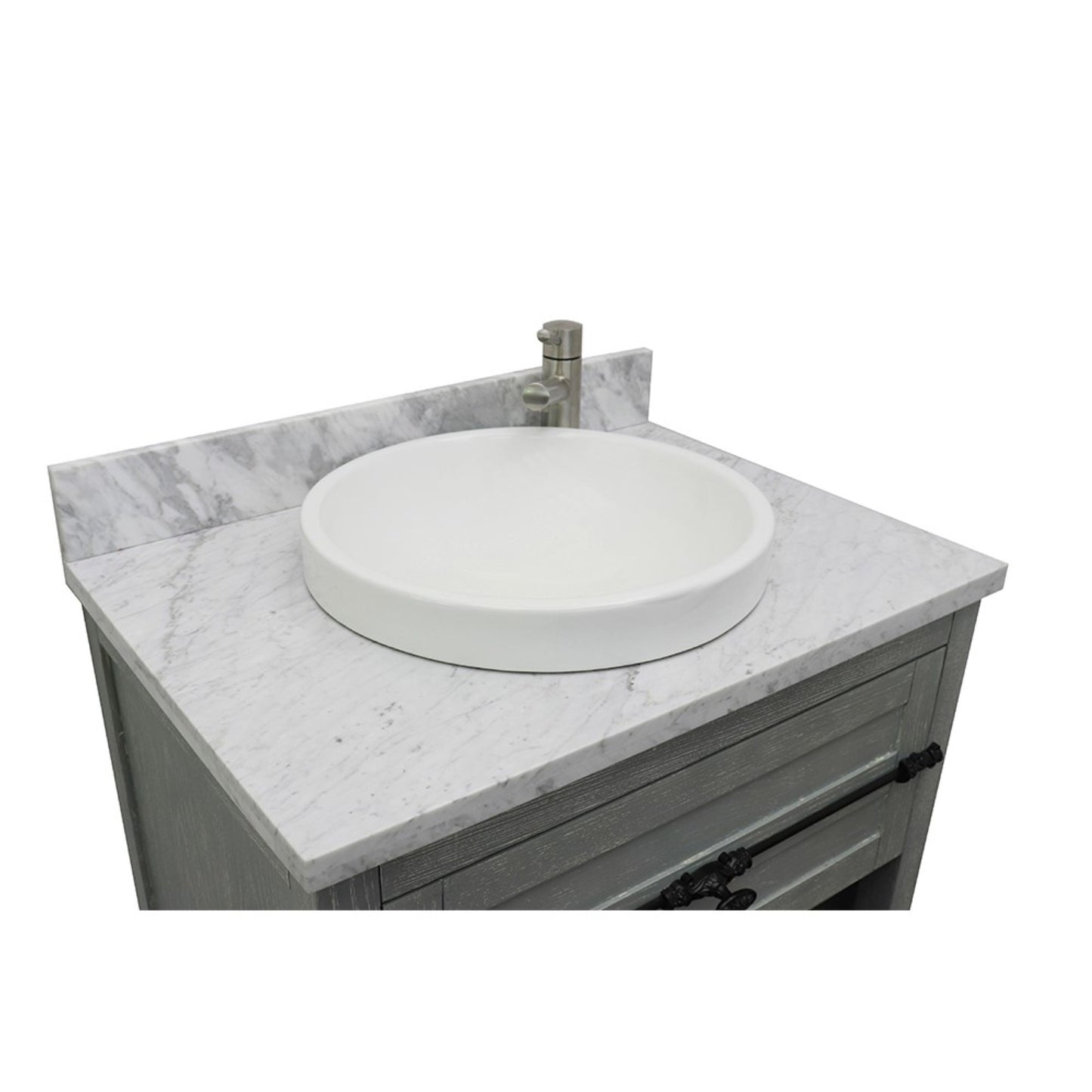 31" Single vanity in Gray Ash finish with White Carrara top and round sink