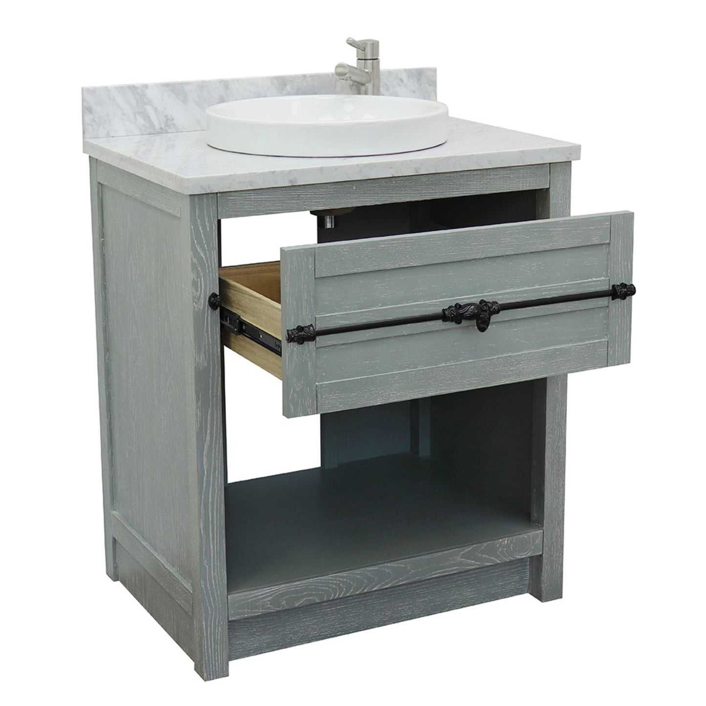 31" Single vanity in Gray Ash finish with White Carrara top and round sink