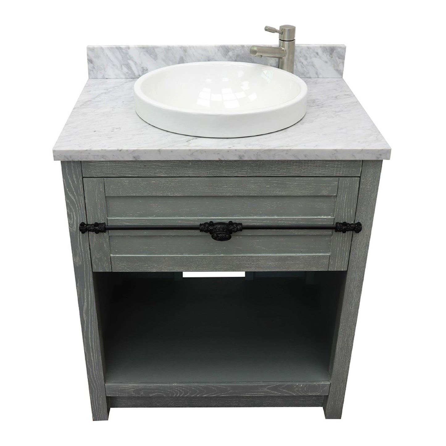 31" Single vanity in Gray Ash finish with White Carrara top and round sink