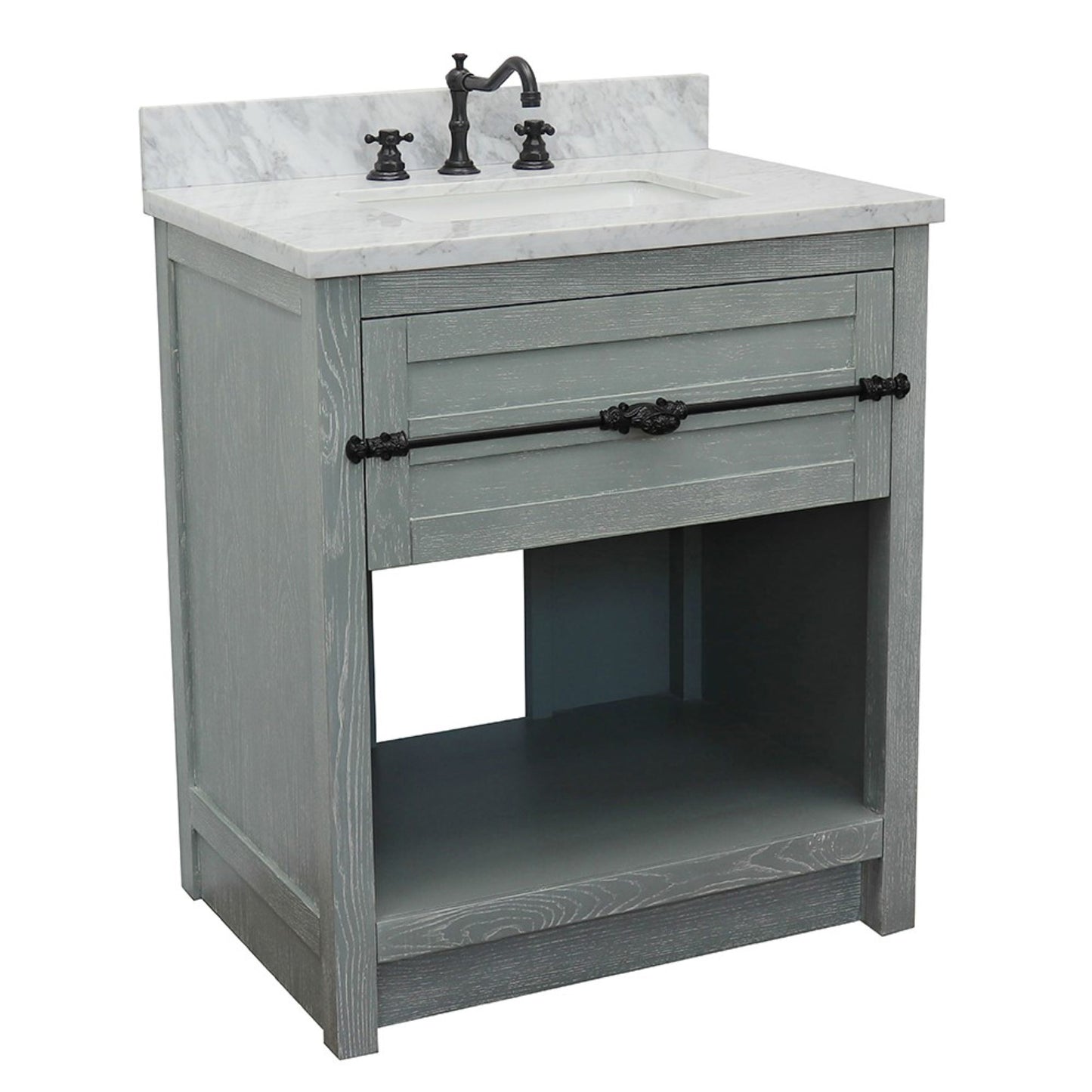 31" Single vanity in Gray Ash finish with White Carrara top and rectangle sink