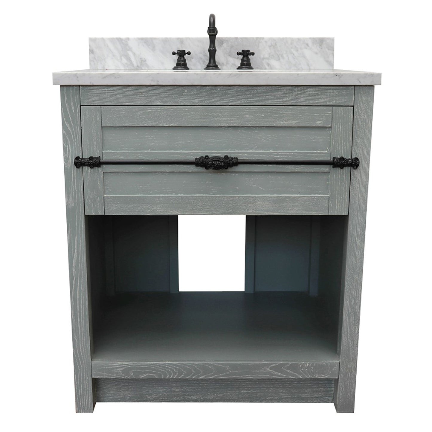 31" Single vanity in Gray Ash finish with White Carrara top and rectangle sink