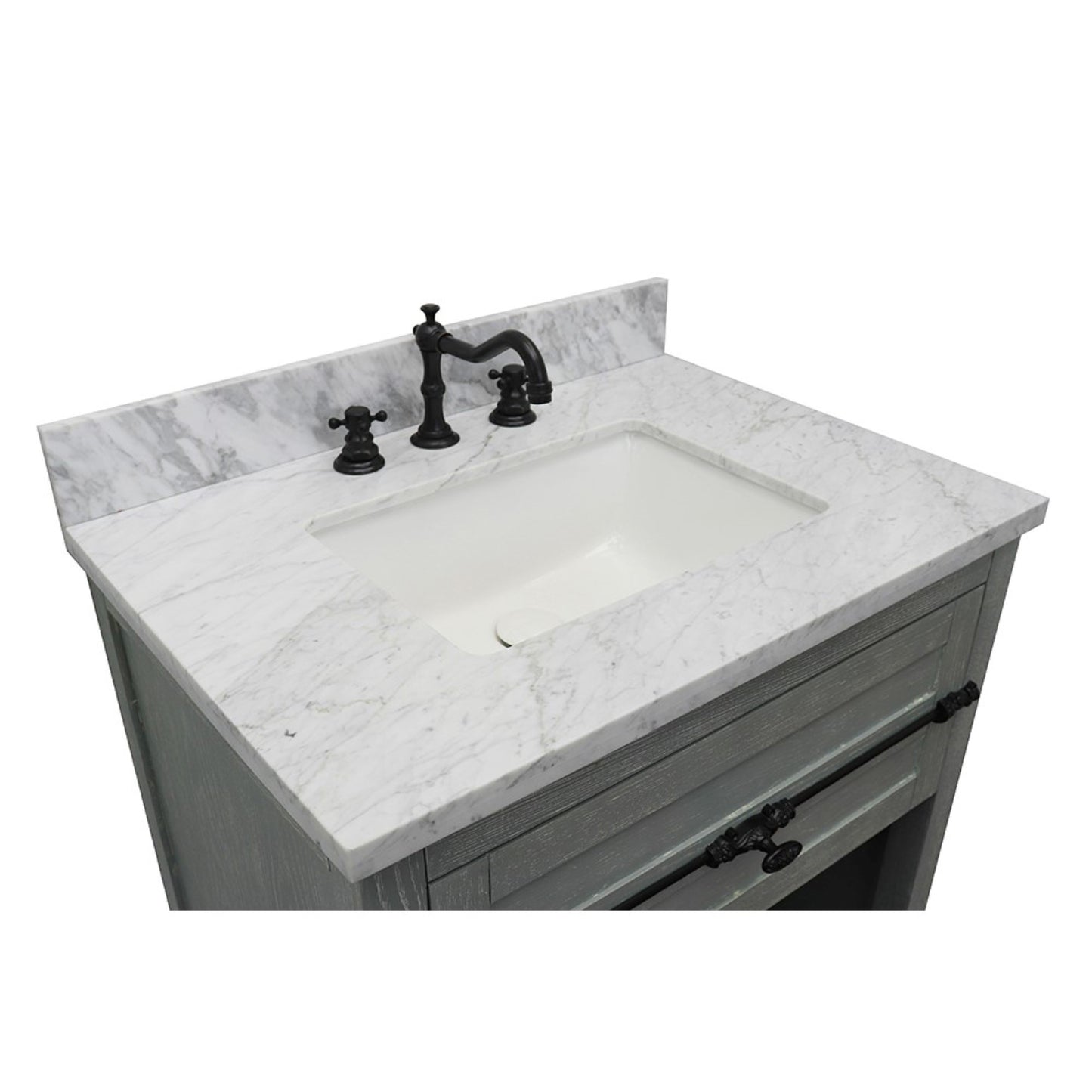 31" Single vanity in Gray Ash finish with White Carrara top and rectangle sink