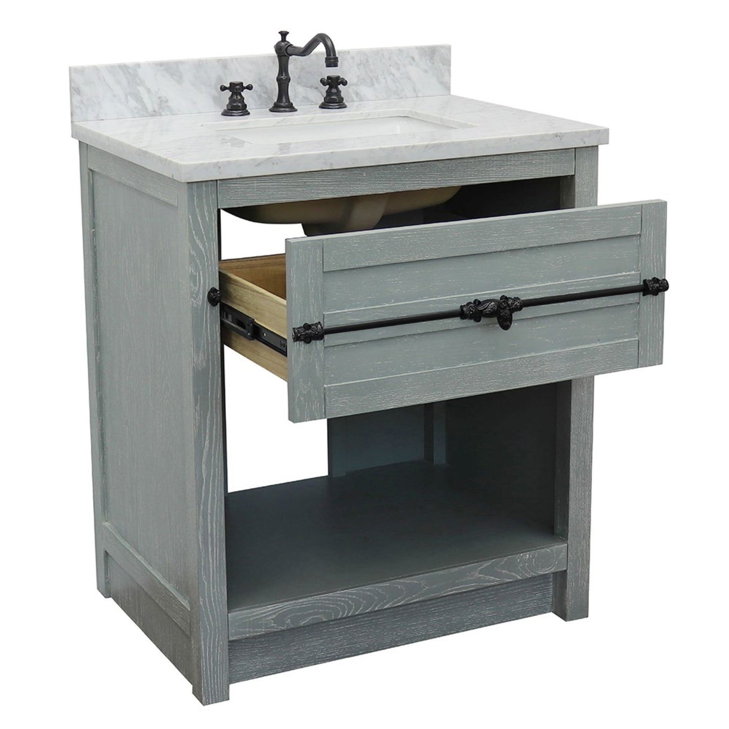 31" Single vanity in Gray Ash finish with White Carrara top and rectangle sink