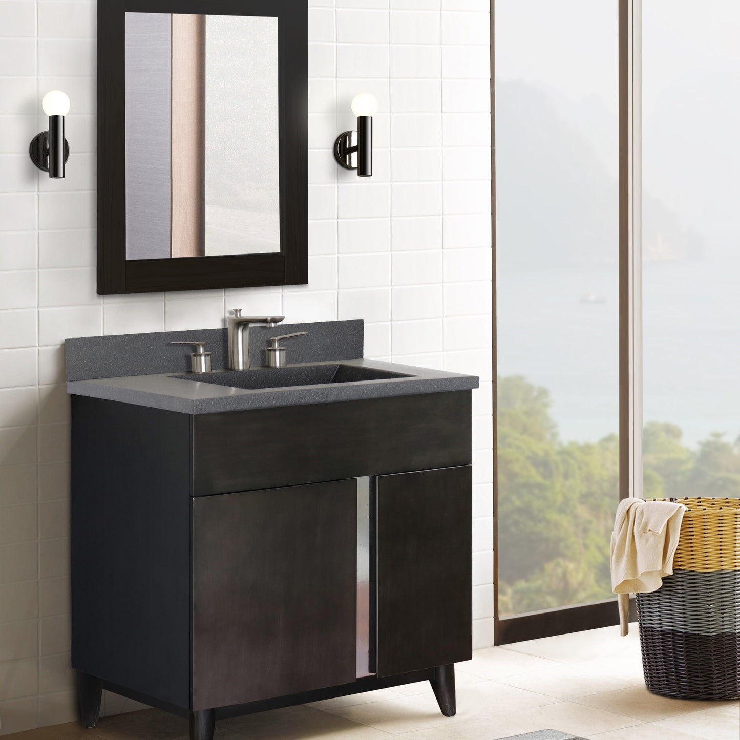 31" Single Vanity in Silvery Brown Finish with Black Concrete Top and Rectangle Sink