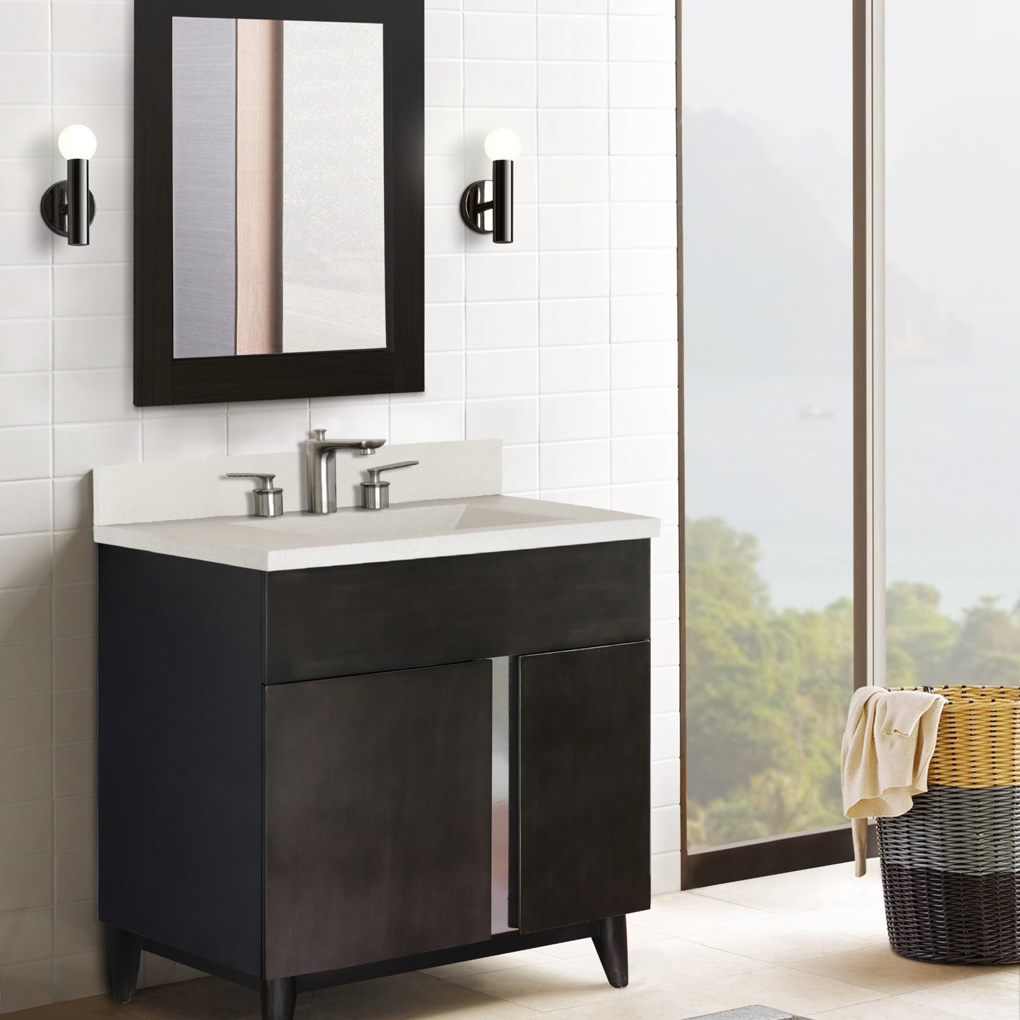 31" Single Vanity in Silvery Brown Finish with White Concrete Top and Oval Sink