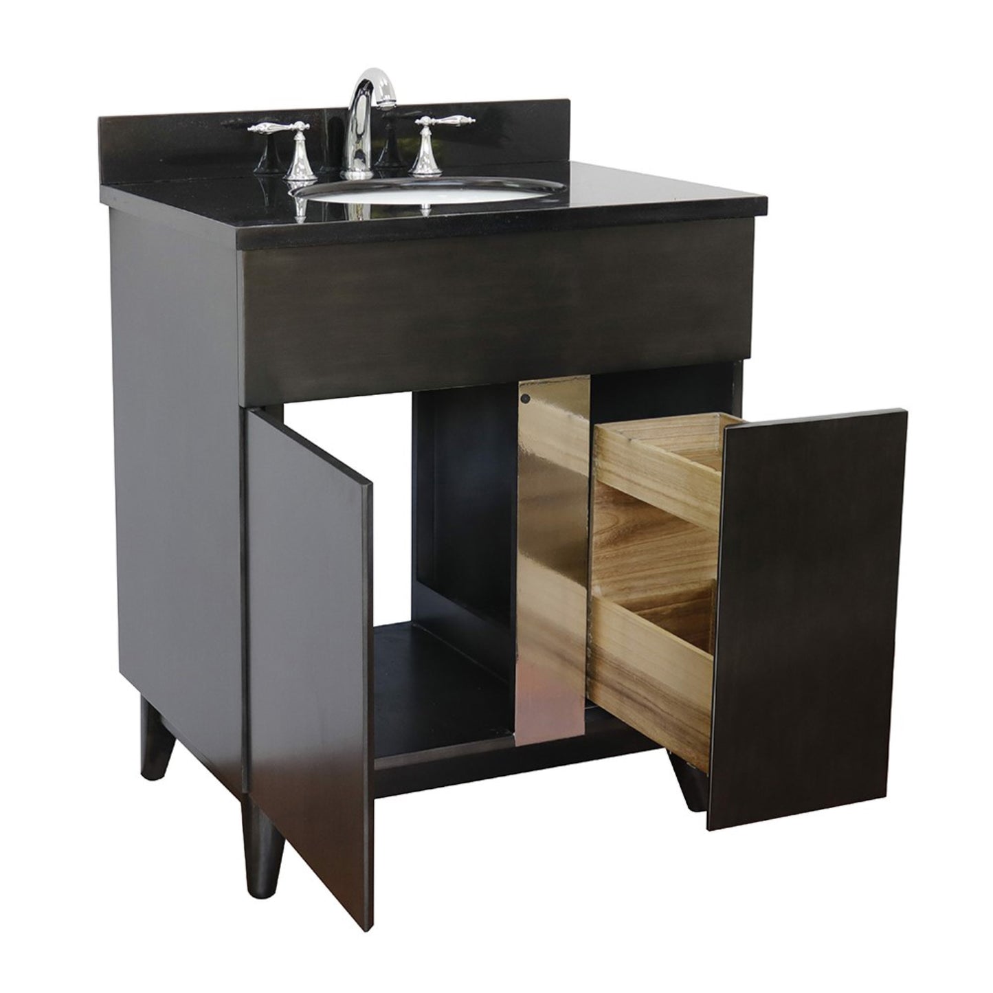 31" Single vanity in Silvery Brown finish with Black Galaxy top and oval sink