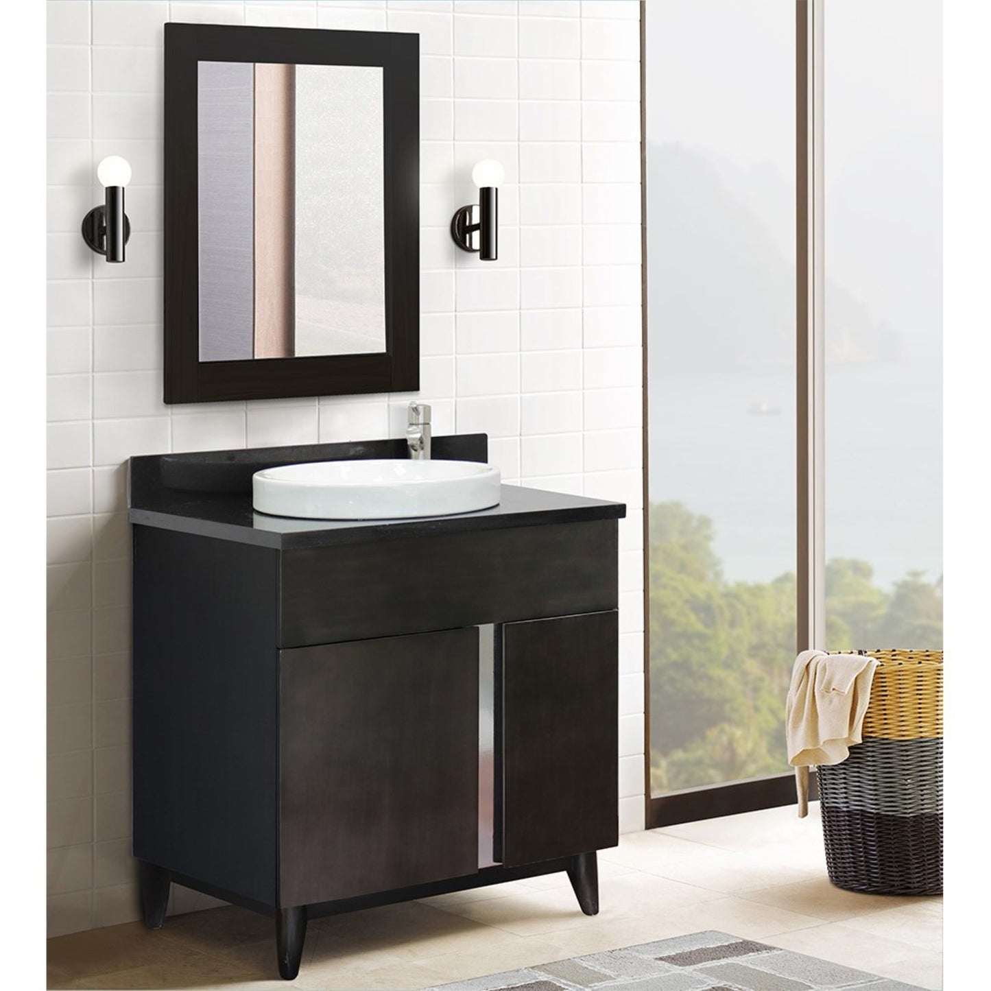 31" Single vanity in Silvery Brown finish with Black Galaxy top and round sink