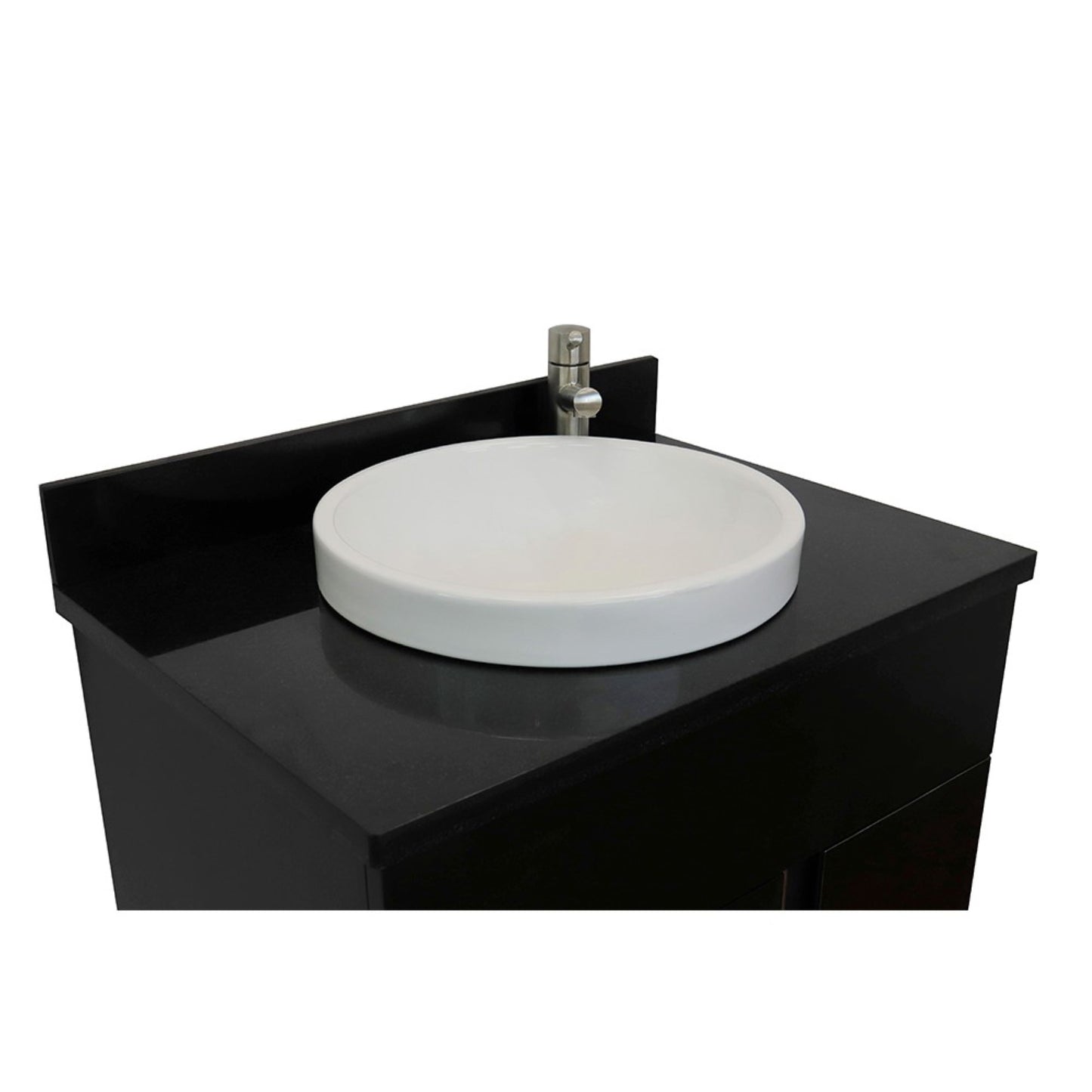 31" Single vanity in Silvery Brown finish with Black Galaxy top and round sink