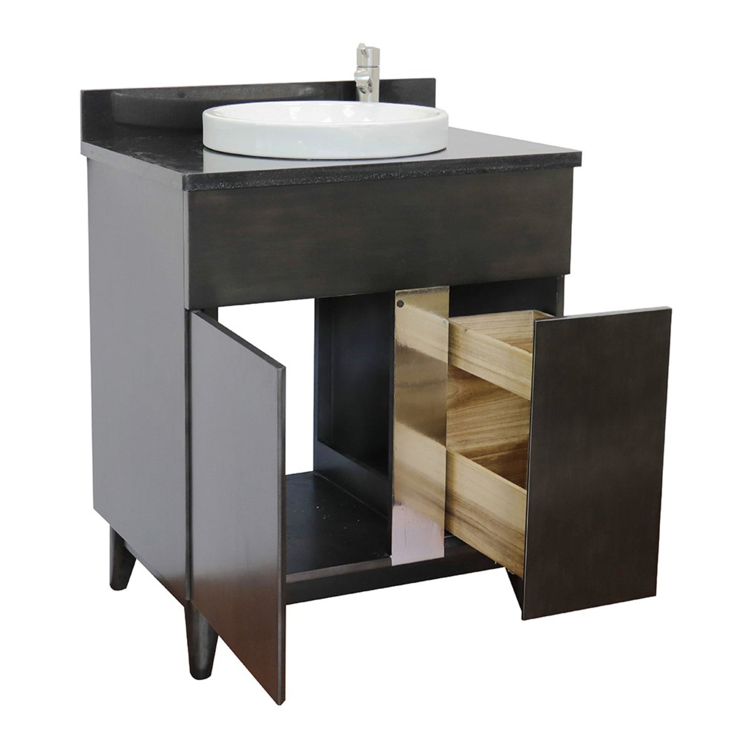 31" Single vanity in Silvery Brown finish with Black Galaxy top and round sink