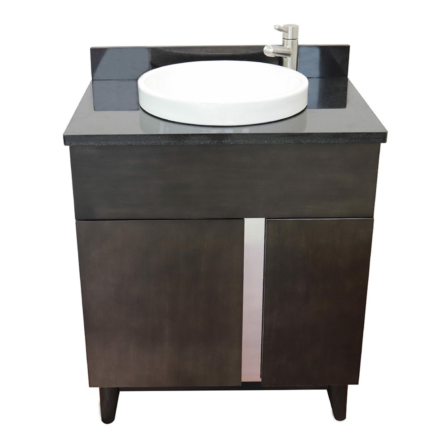 31" Single vanity in Silvery Brown finish with Black Galaxy top and round sink