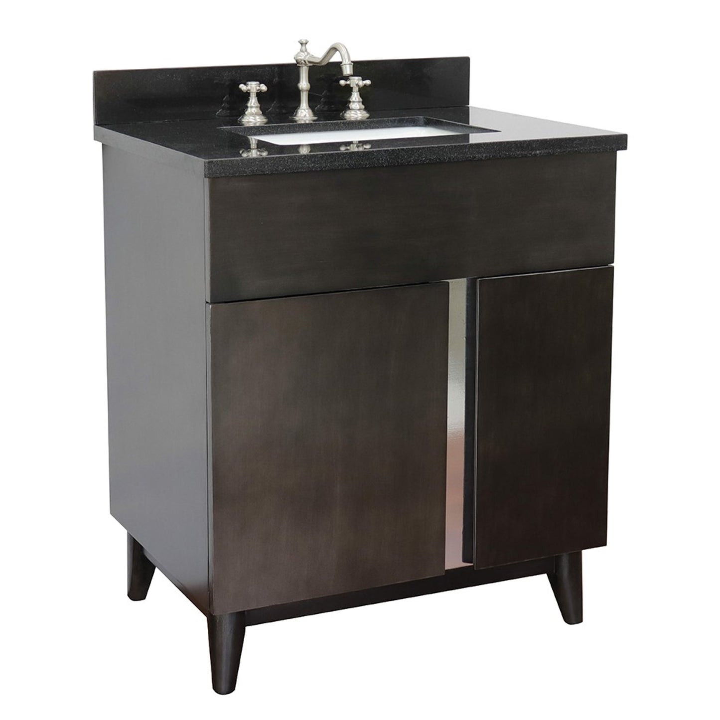 31" Single vanity in Silvery Brown finish with Black Galaxy top and rectangle sink