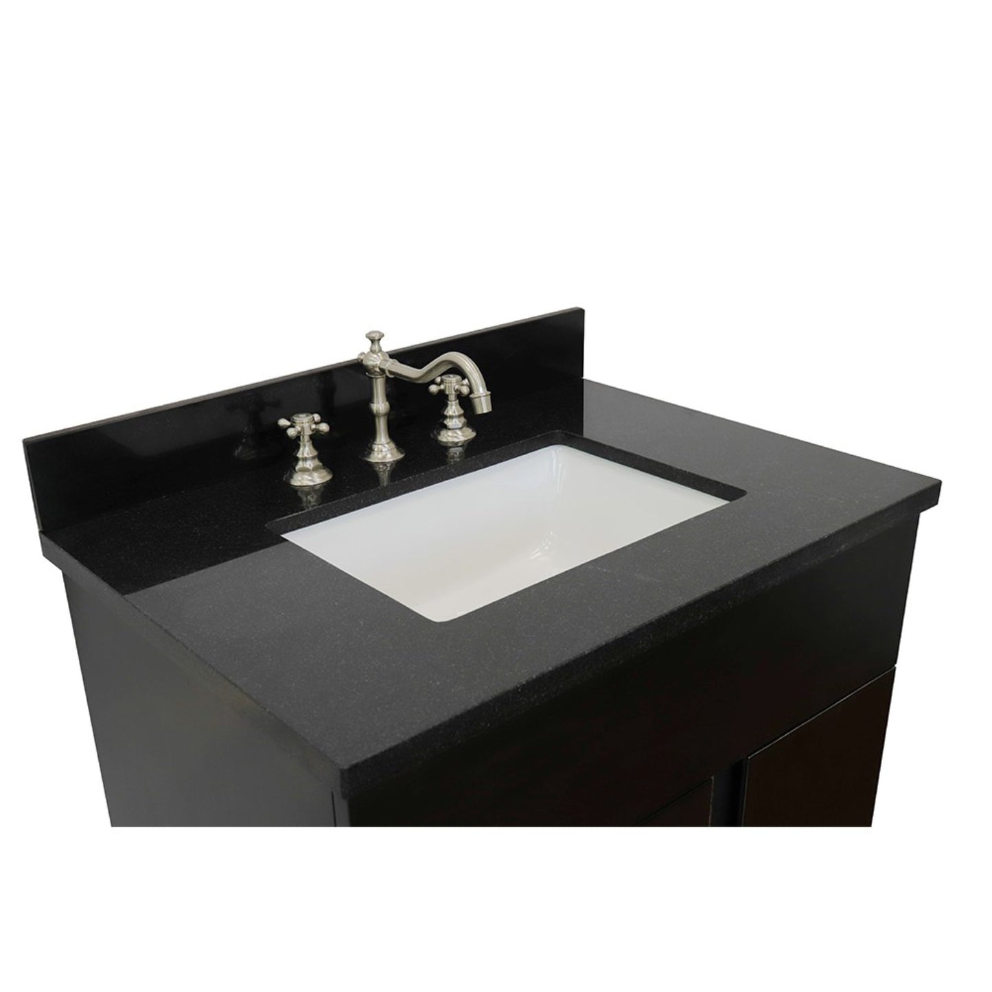 31" Single vanity in Silvery Brown finish with Black Galaxy top and rectangle sink