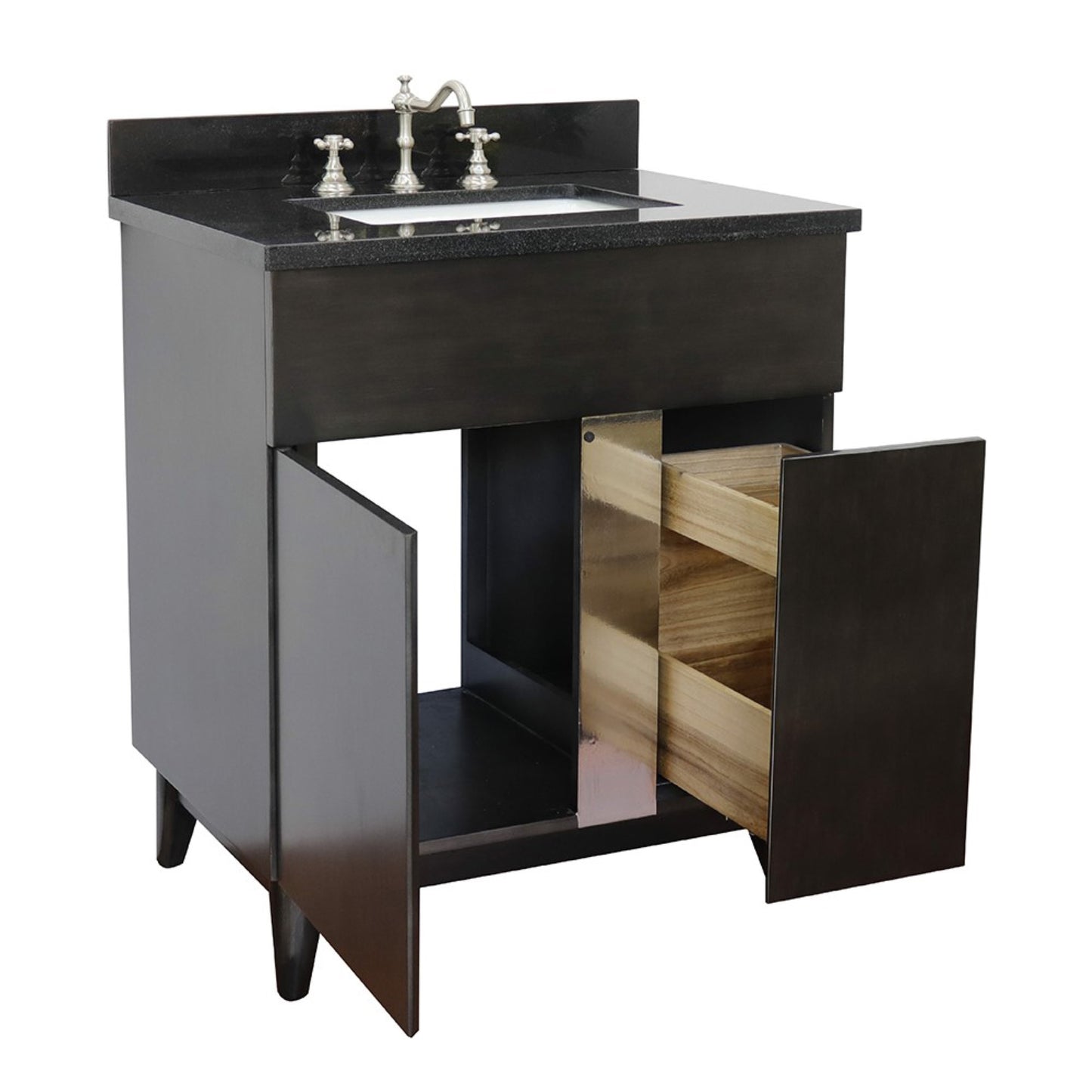 31" Single vanity in Silvery Brown finish with Black Galaxy top and rectangle sink