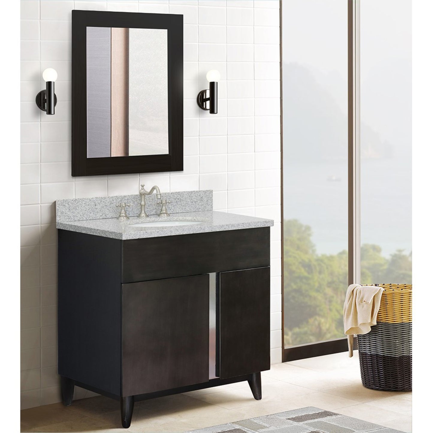 31" Single vanity in Silvery Brown finish with Gray granite top and oval sink