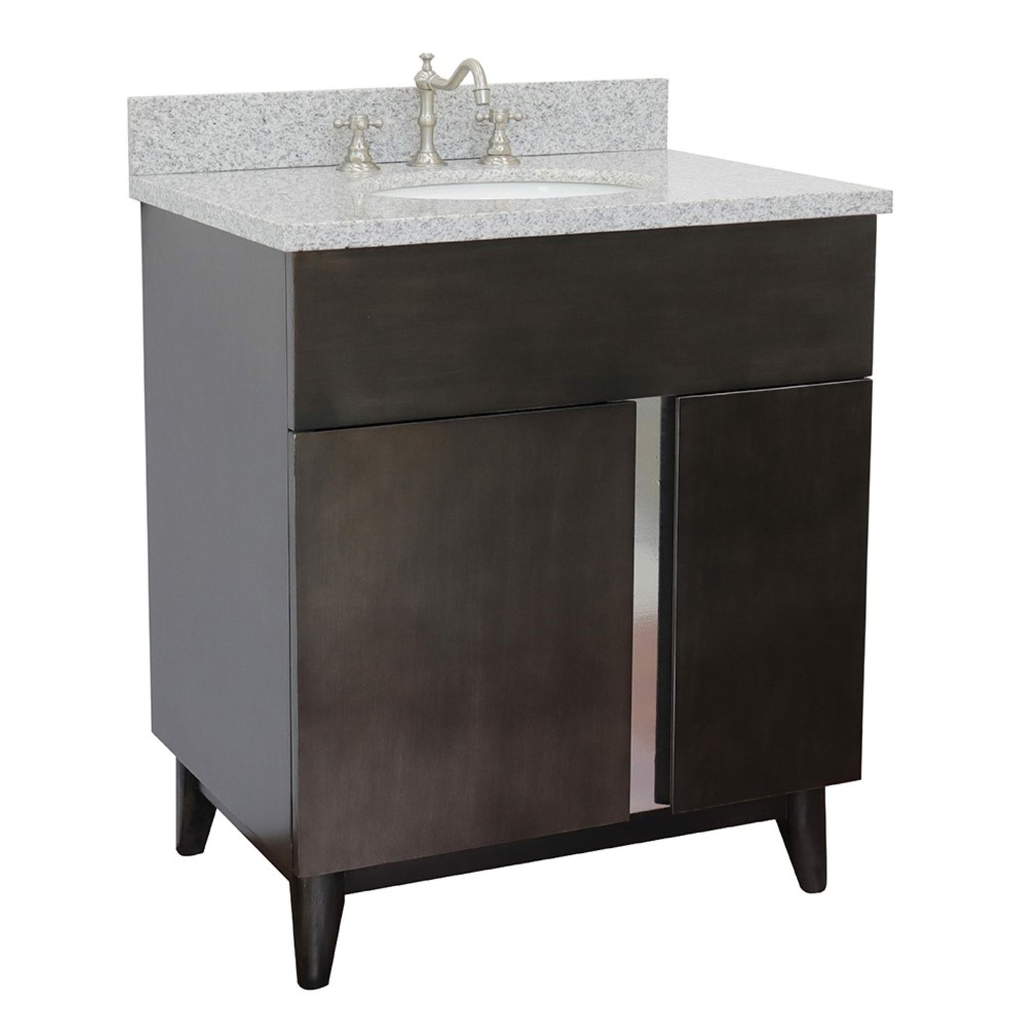 31" Single vanity in Silvery Brown finish with Gray granite top and oval sink