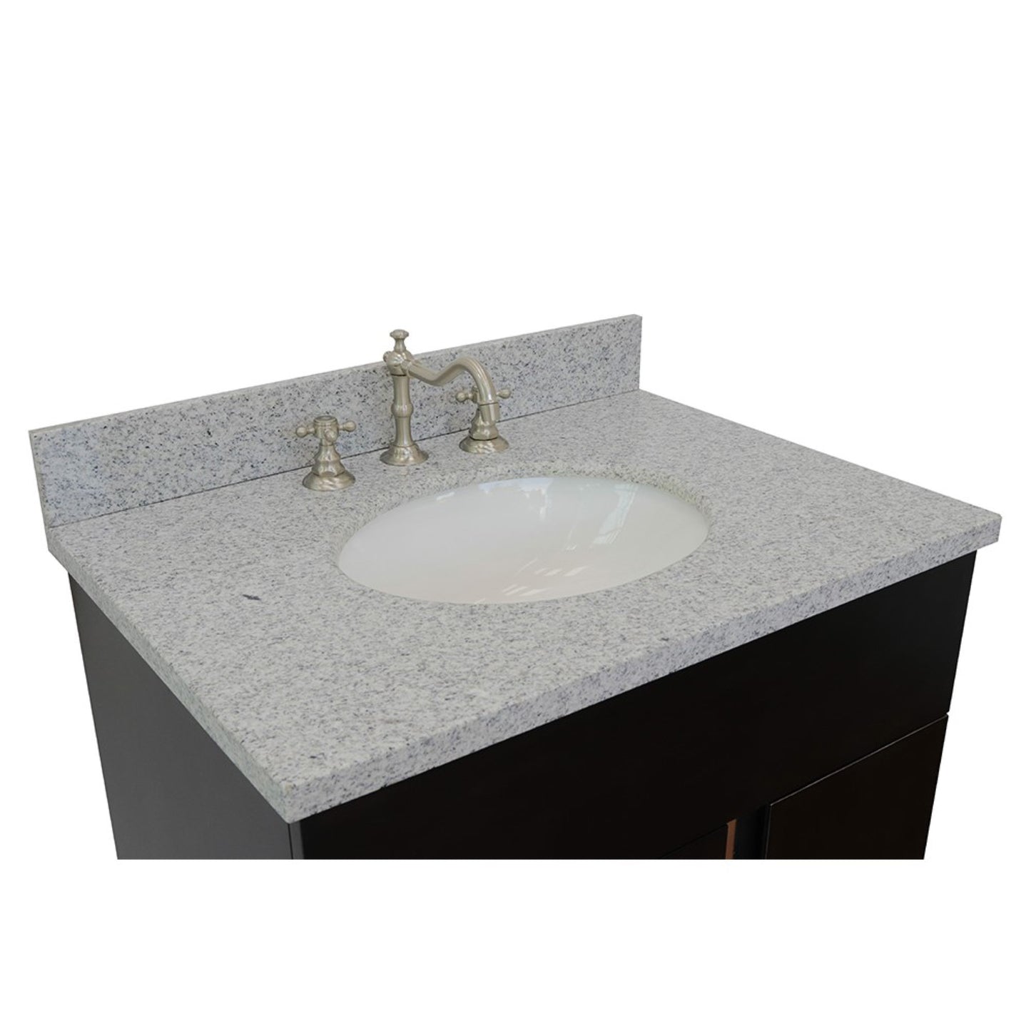 31" Single vanity in Silvery Brown finish with Gray granite top and oval sink