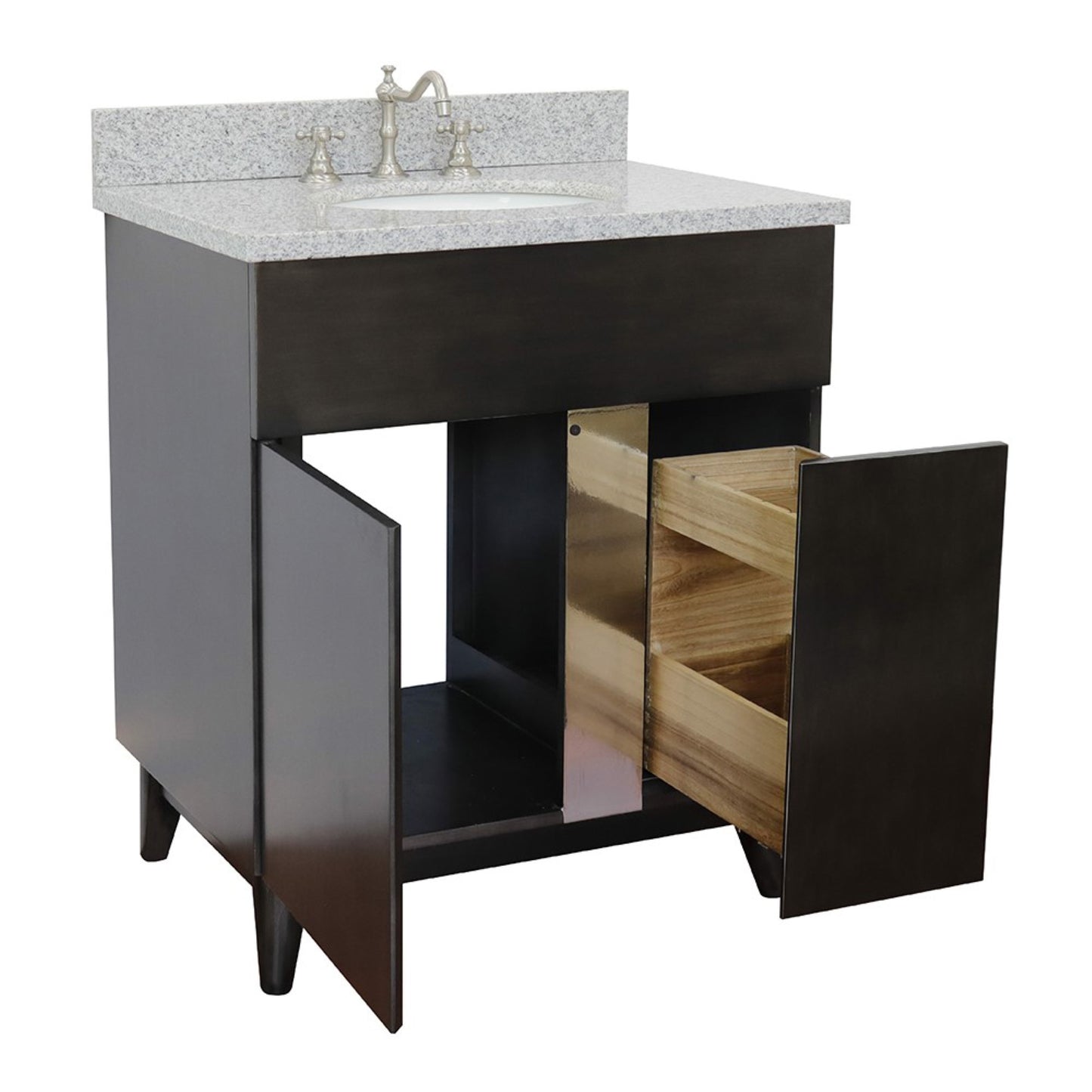 31" Single vanity in Silvery Brown finish with Gray granite top and oval sink