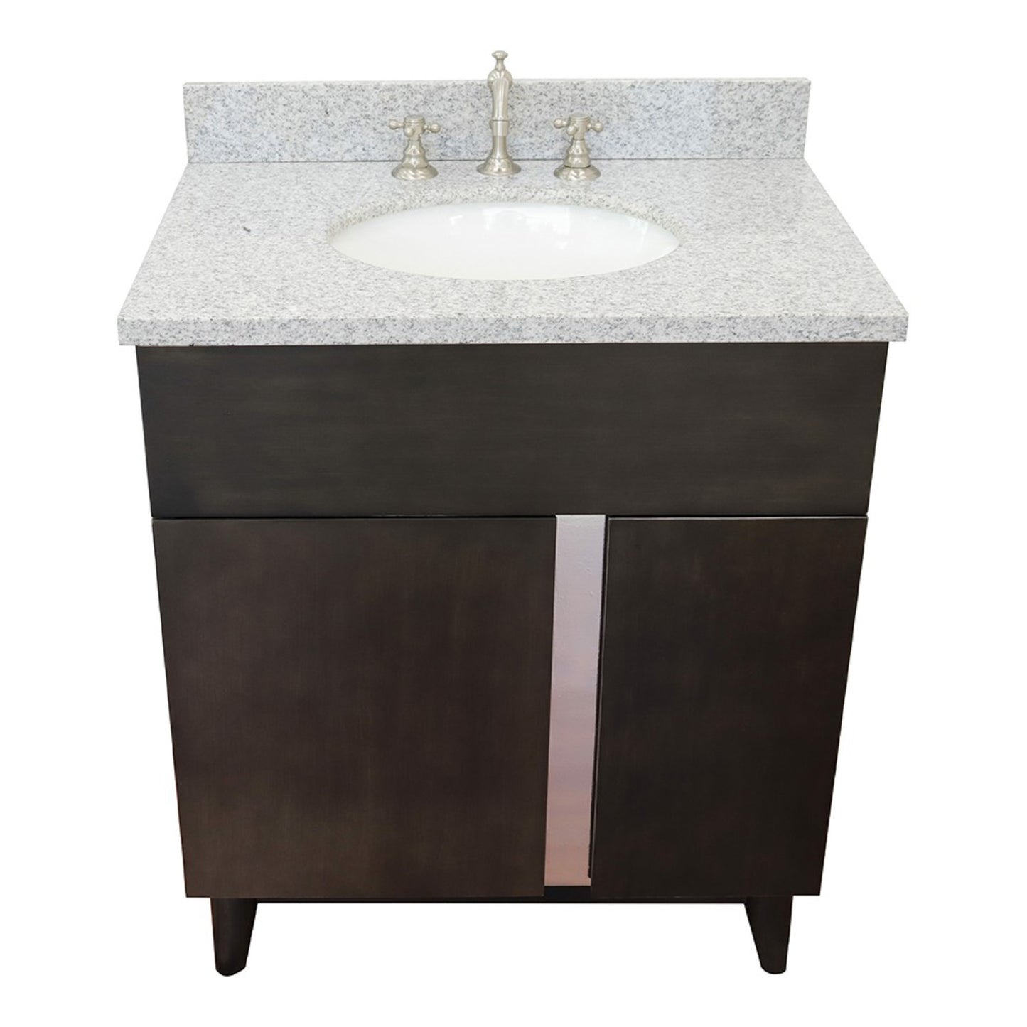 31" Single vanity in Silvery Brown finish with Gray granite top and oval sink