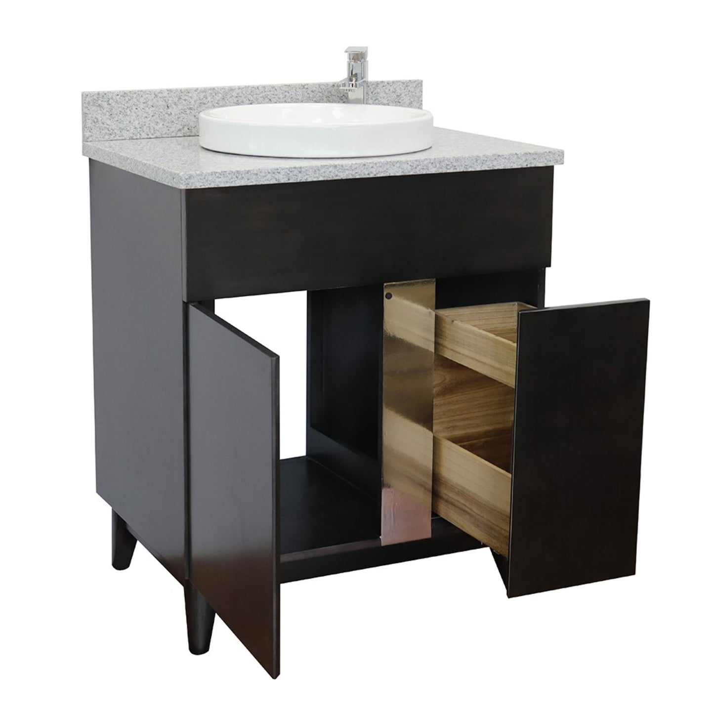 31" Single vanity in Silvery Brown finish with Gray granite top and round sink