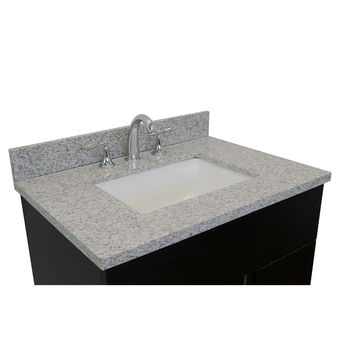 31" Single vanity in Silvery Brown finish with Gray granite top and rectangle sink