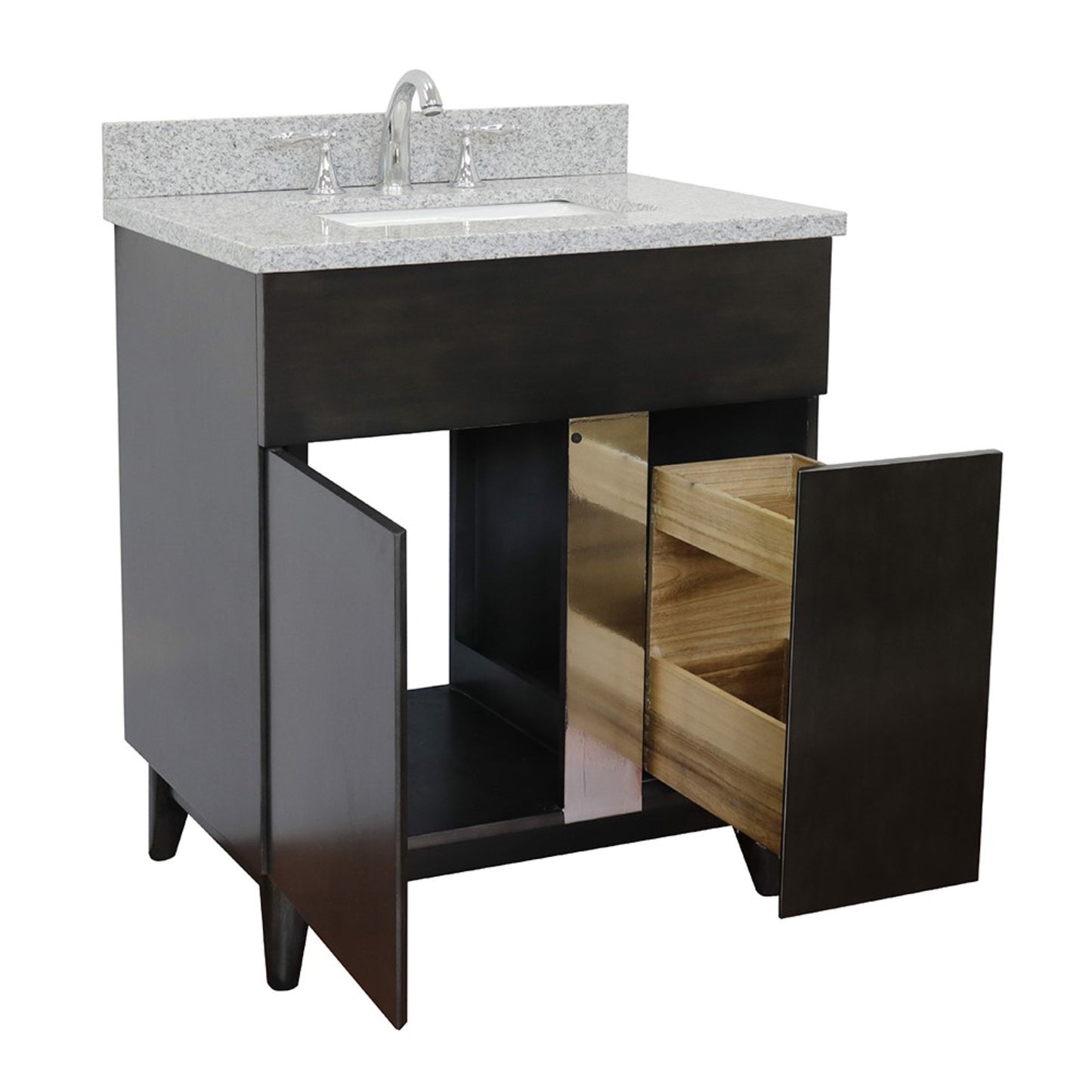 31" Single vanity in Silvery Brown finish with Gray granite top and rectangle sink