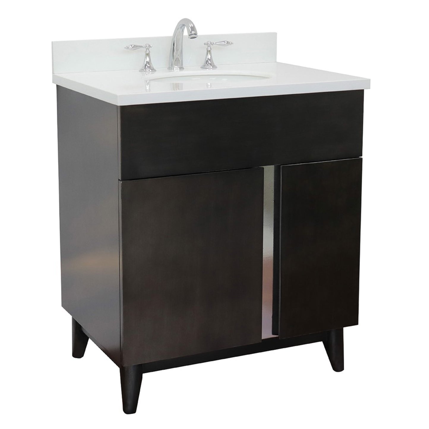 31" Single vanity in Silvery Brown finish with White engineered stone top and oval sink